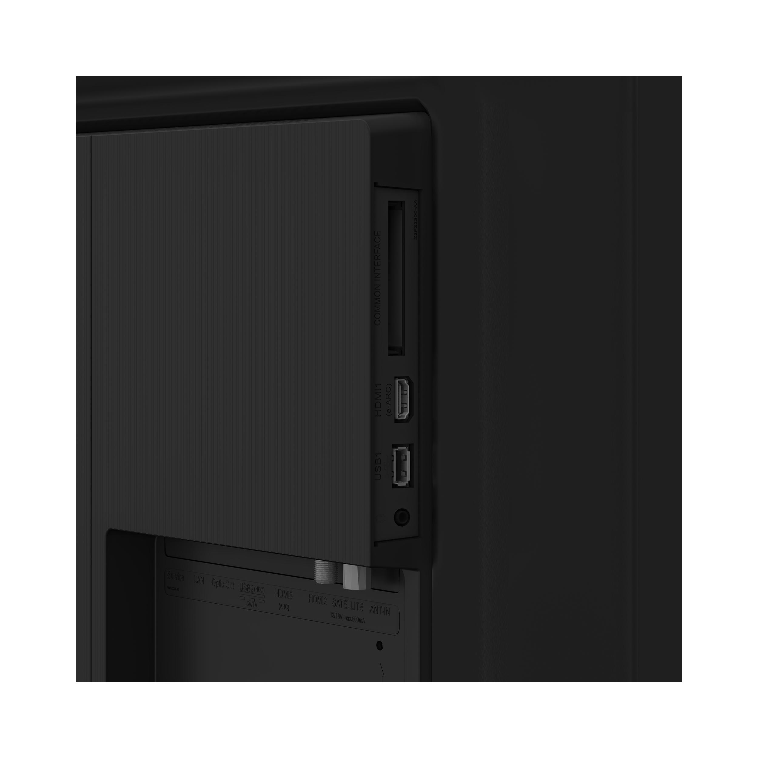 Nahaufnahme der schwarzen TV-Anschlüsse mit HDMI, USB und anderen Anschlüssen.