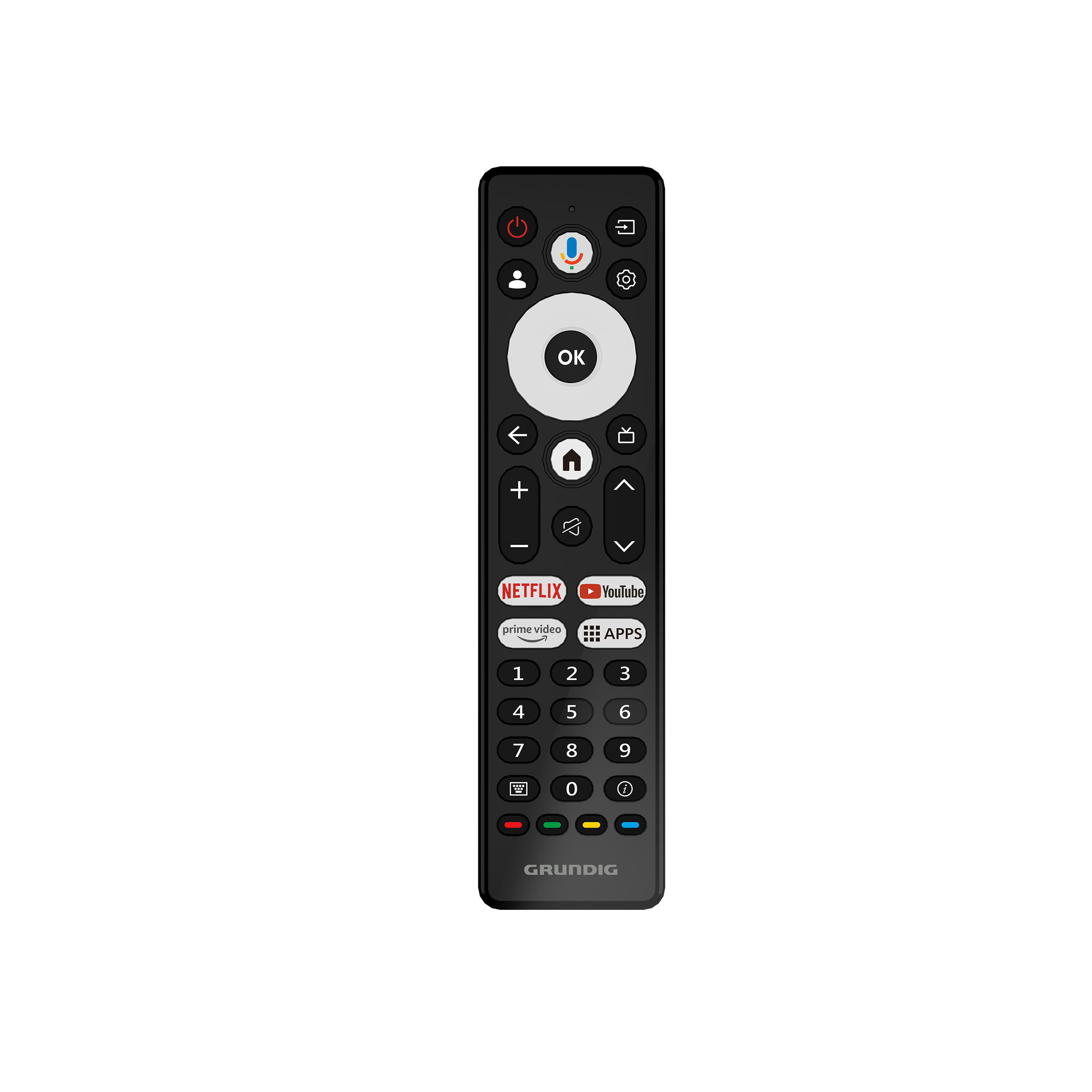 Schwarze Grundig Fernbedienung mit vielen Knöpfen für den Fernseher.