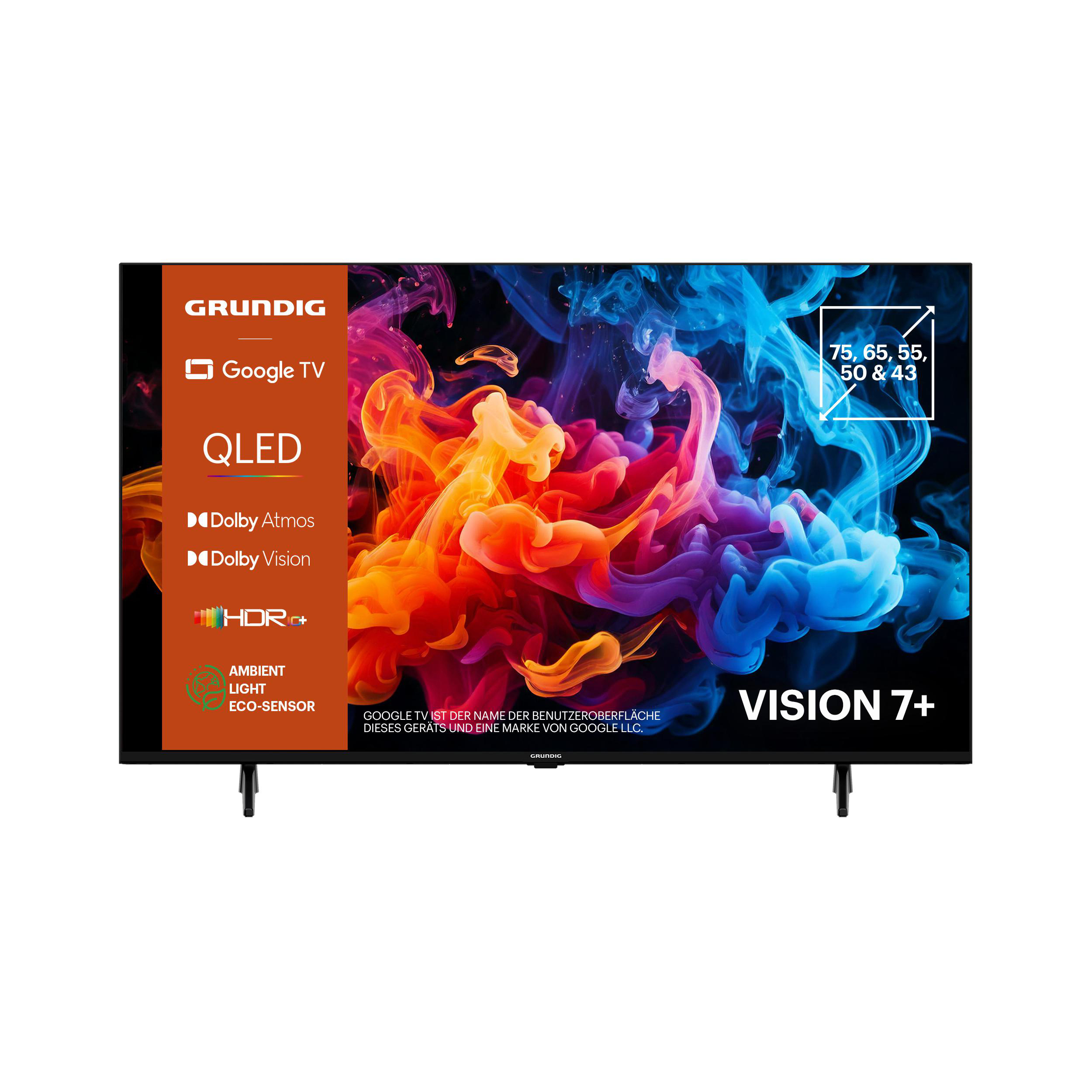 Ein großer Flachbildfernseher von Grundig. Er zeigt ein farbenfrohes abstraktes Bild, mit Logos links.