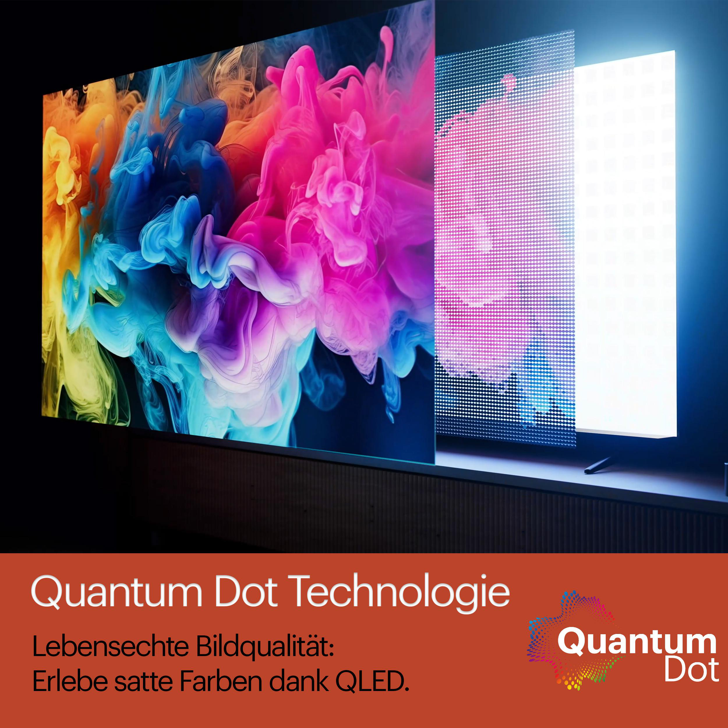 Ein Fernsehbildschirm zeigt bunte abstrakte Kunst, um die Quantum Dot-Technologie zu demonstrieren.