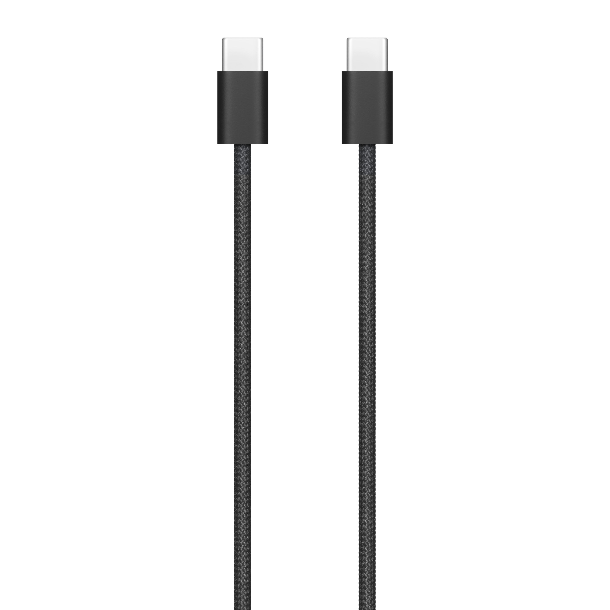 Beyaz zemin üzerinde yan yana iki siyah USB-C kablosu. Kablolar düz.