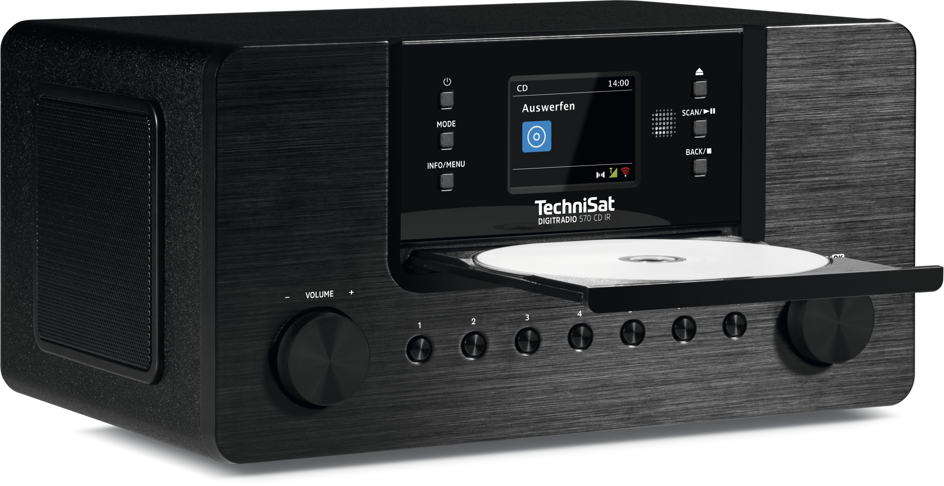 Czarny zestaw stereo z odtwarzaczem CD i wyświetlaczem pokazującym informacje o CD i elementy sterujące.