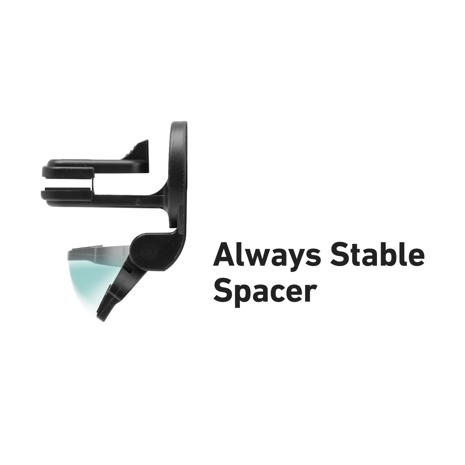 Black car air vent phone holder. "Always Stable Spacer" is written.