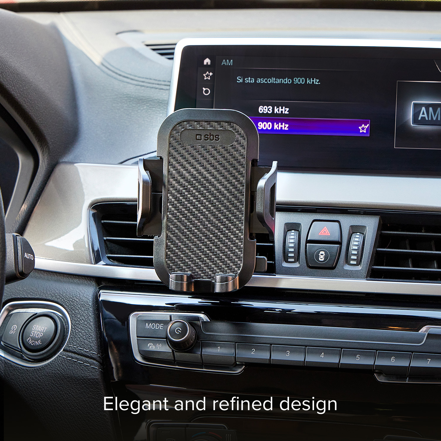 Car interior with a phone holder and dashboard. Text: Elegant and refined design.