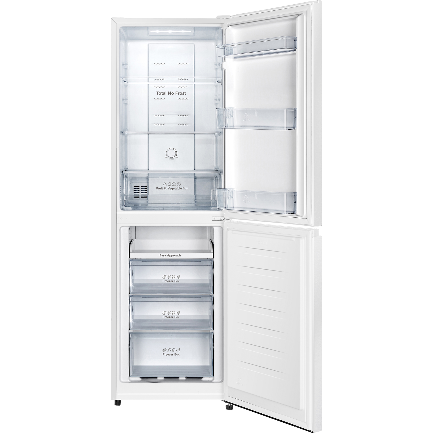 Open white refrigerator with shelves, drawers and a light inside, showing the interior.