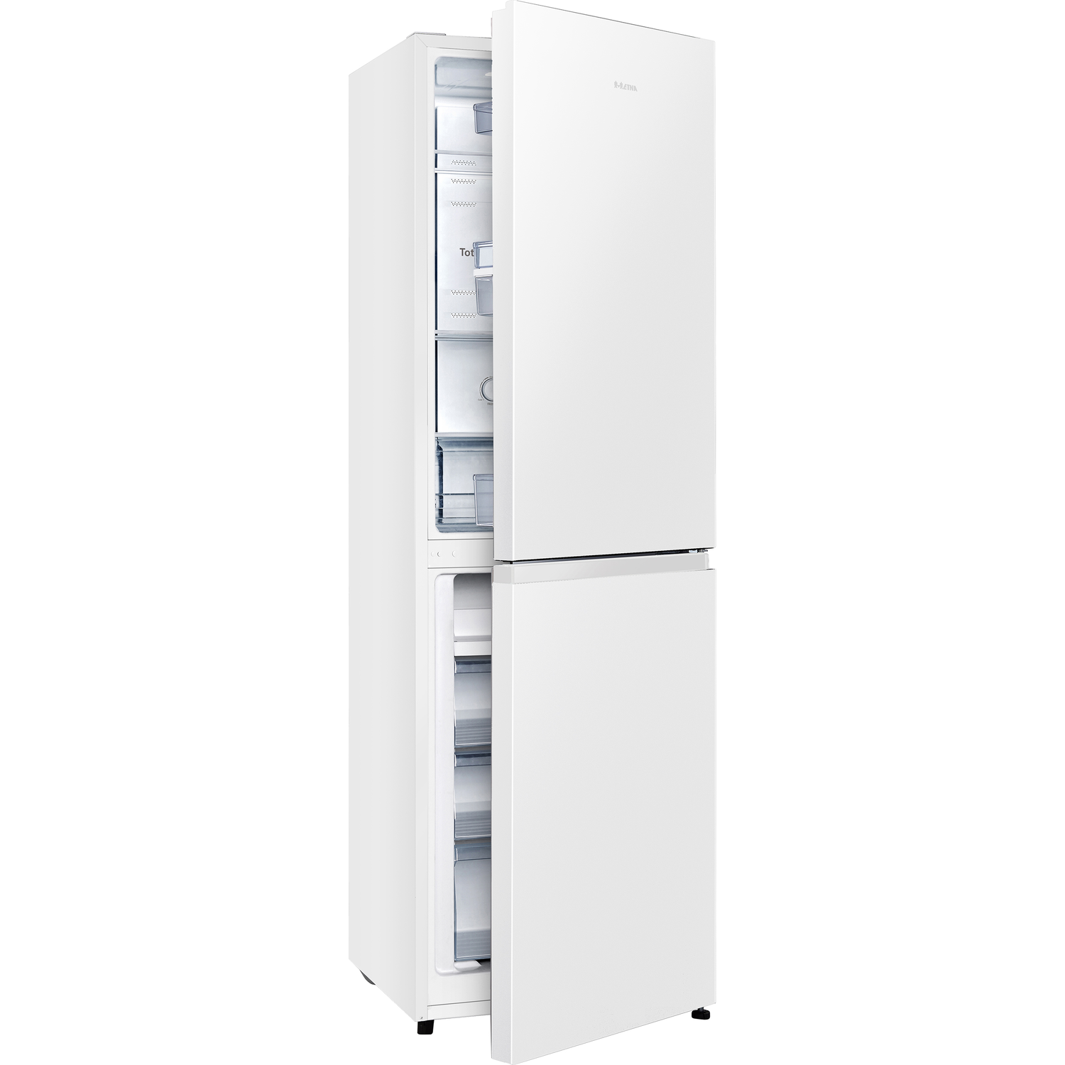 White refrigerator with opened doors. Interior shelves and compartments are visible.