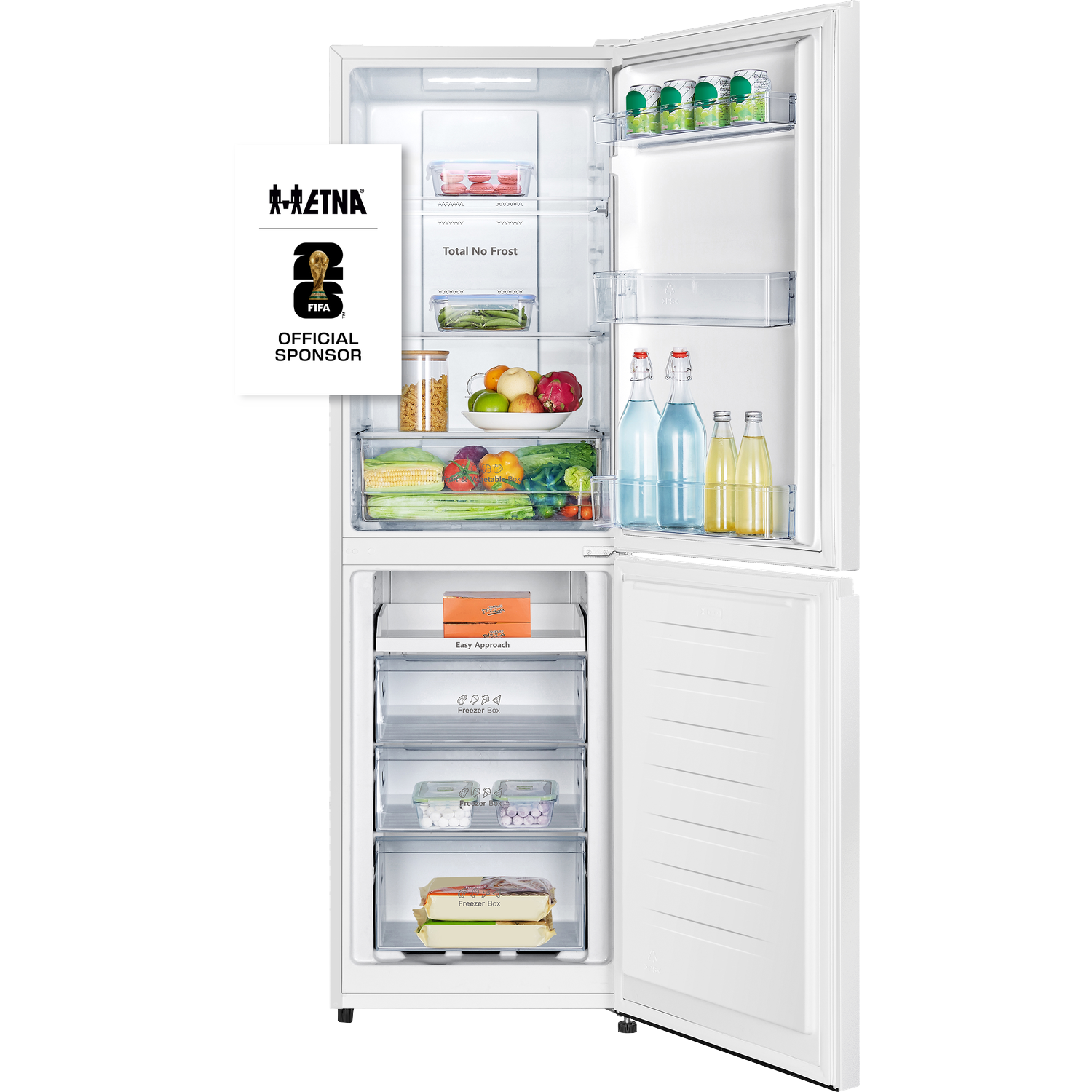 An open white refrigerator filled with food and drinks.