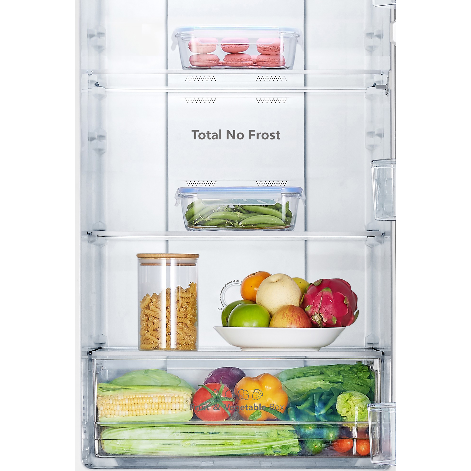A stainless steel dishwasher with open racks, showing the interior.