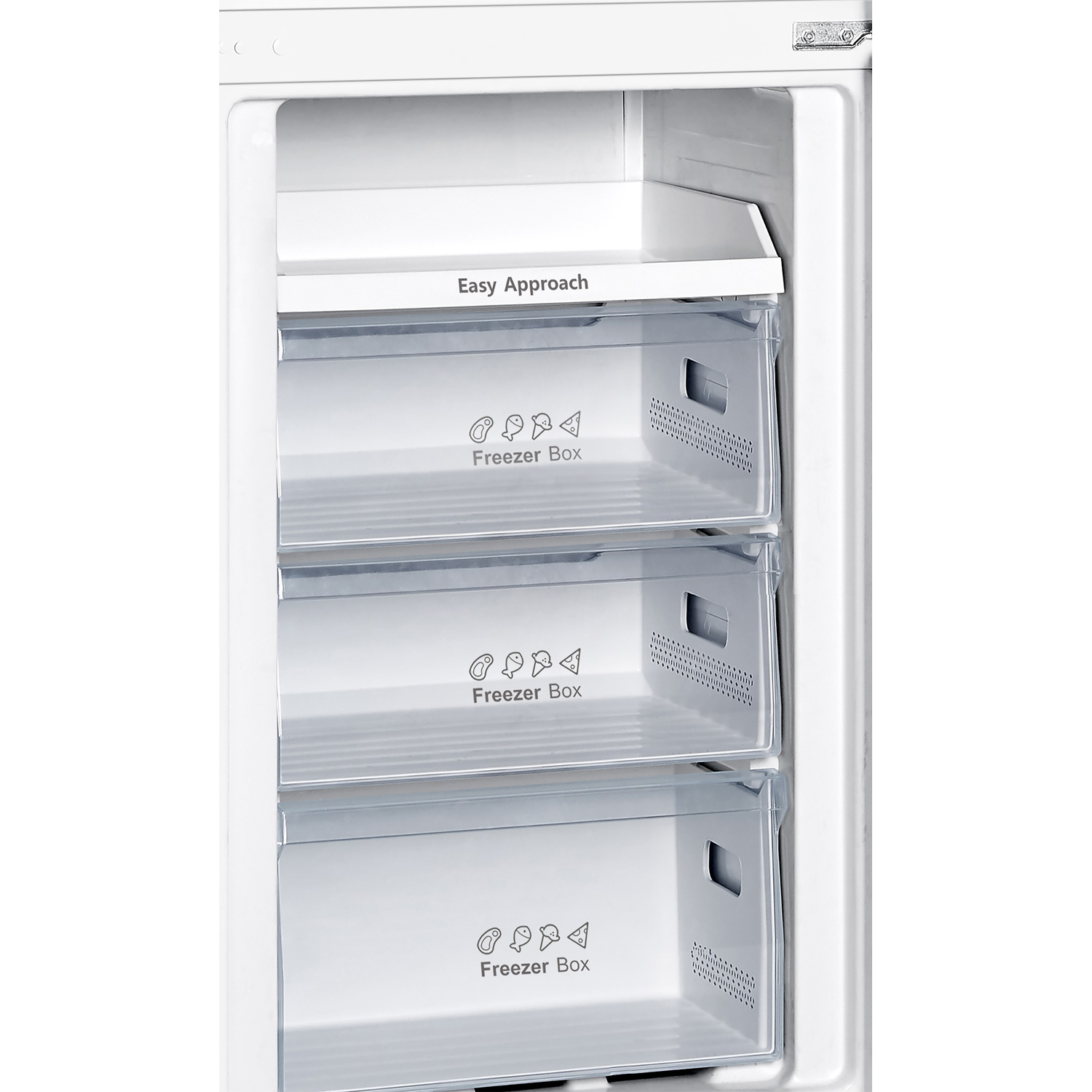 An open white freezer with three freezer boxes.