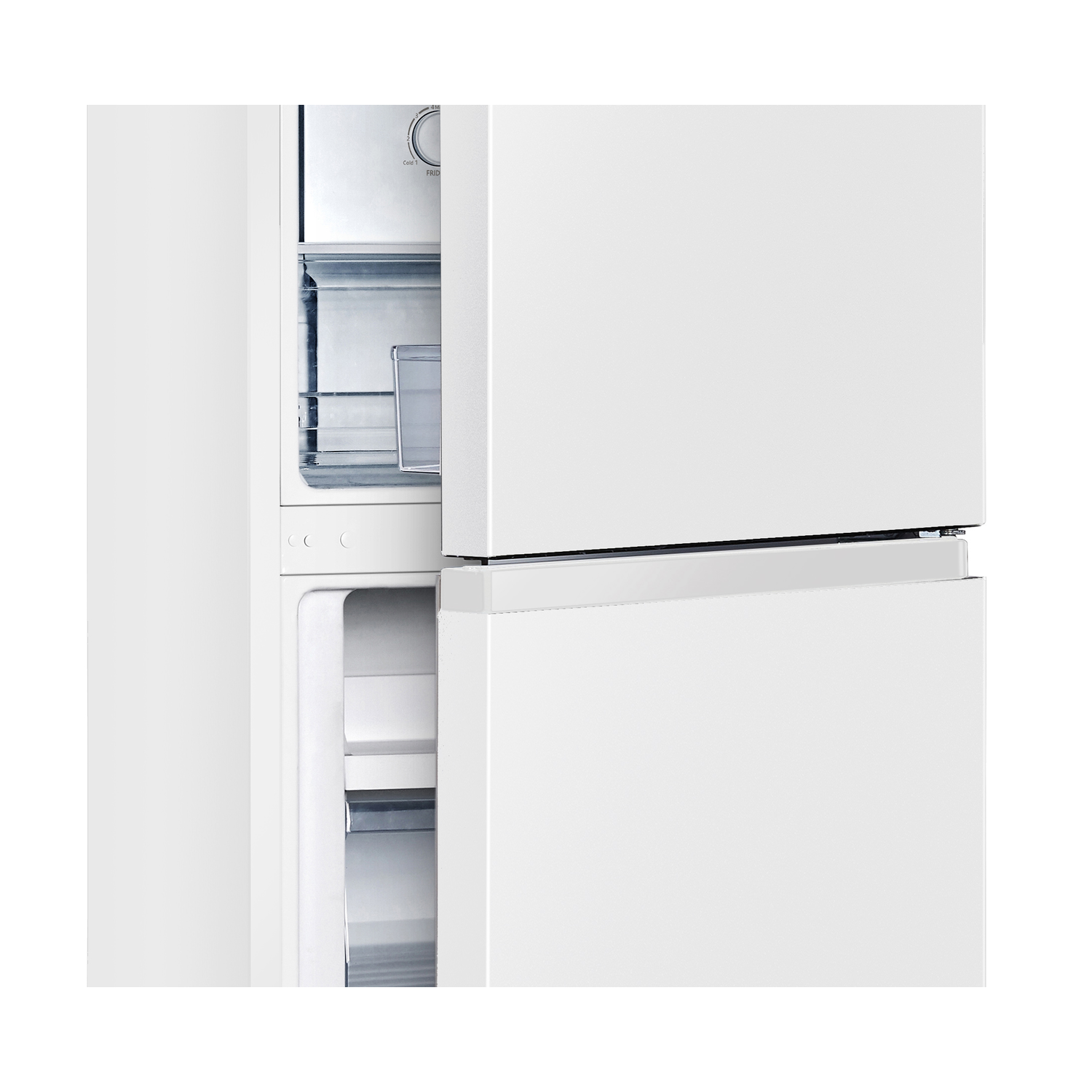White refrigerator with open door, revealing shelves and controls.