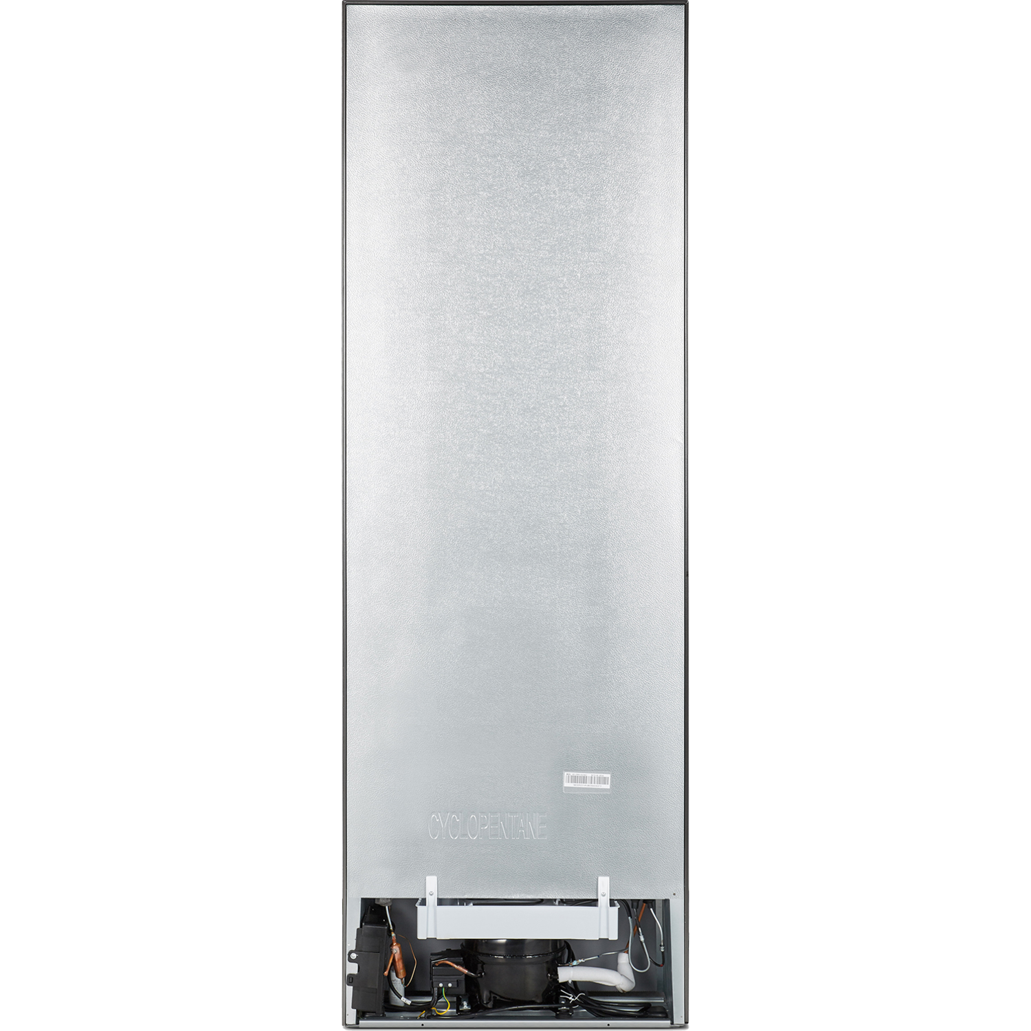 Back of a refrigerator, with a metal surface and a Cyclopentane label at the bottom.