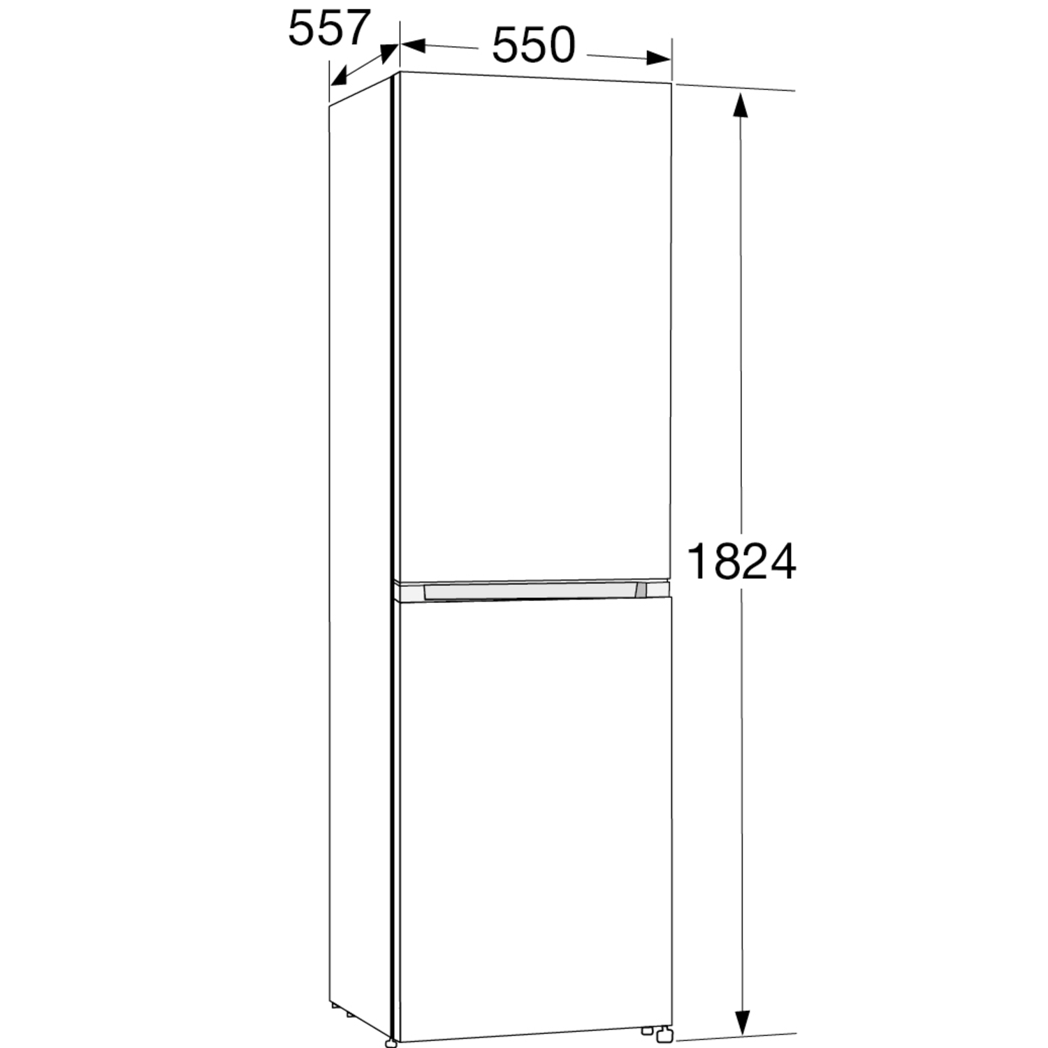 A white refrigerator with measurements on the side. It's tall and narrow.