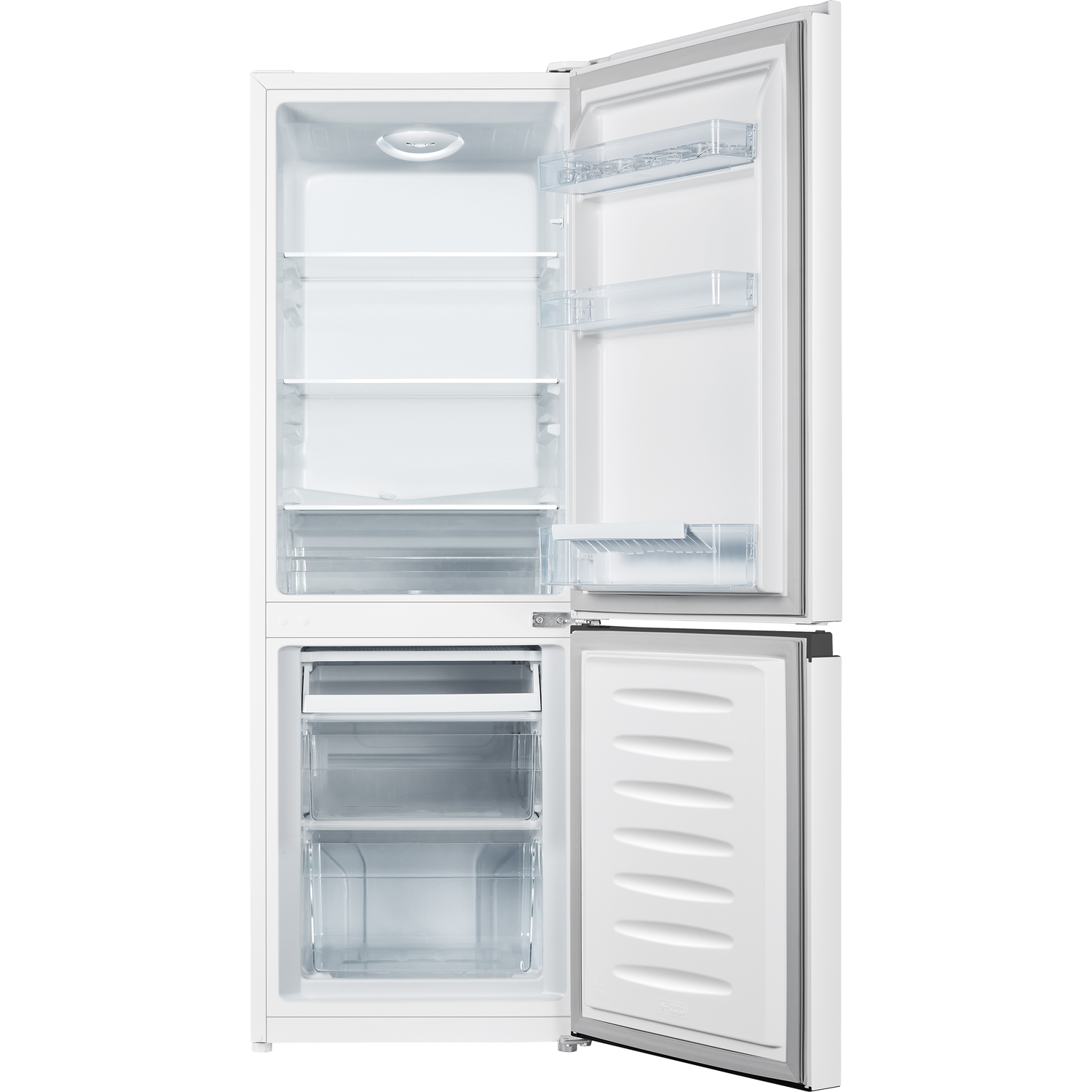 Open white refrigerator with shelves, drawers, and various food items visible.