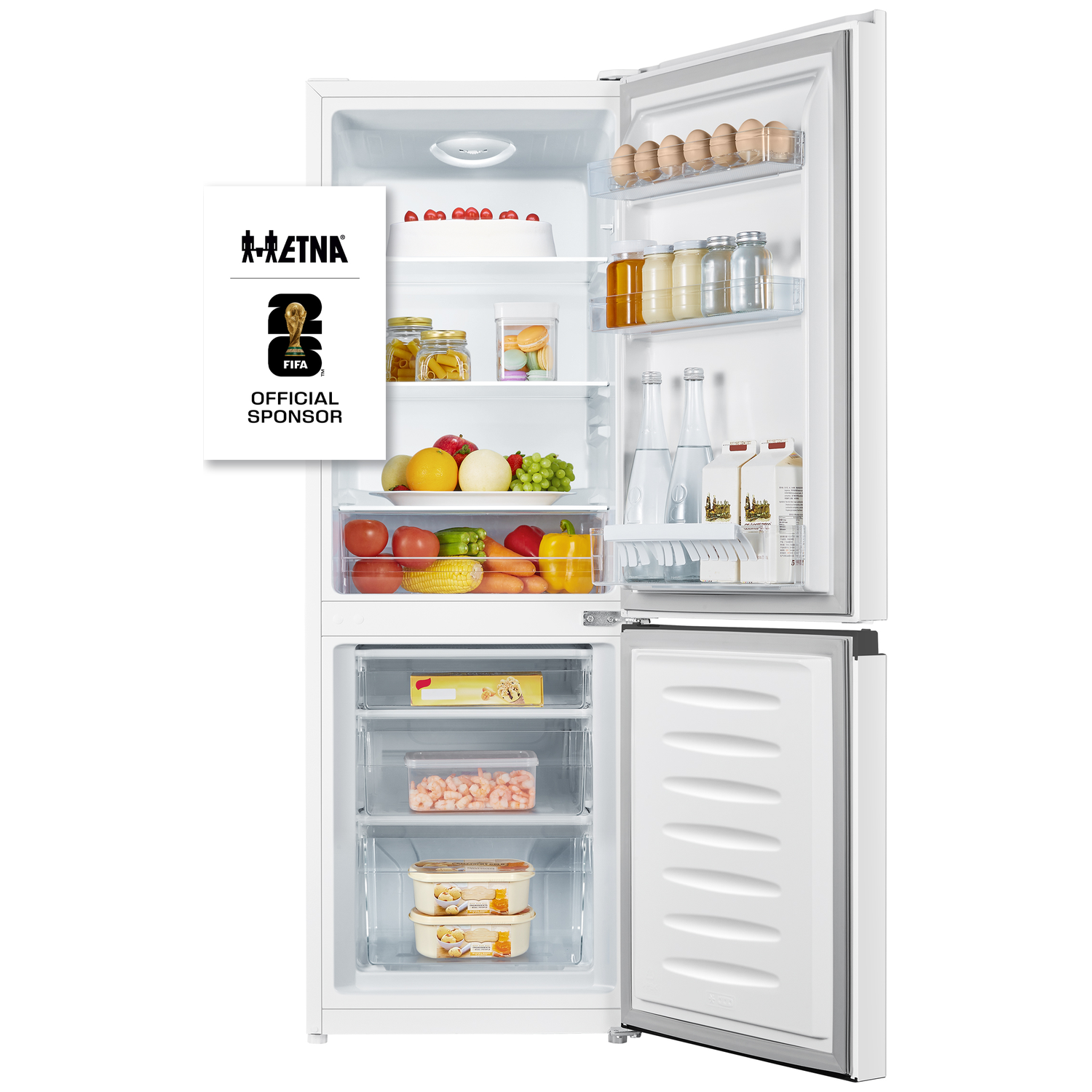 An open white refrigerator stocked with food and a FIFA sponsor logo.