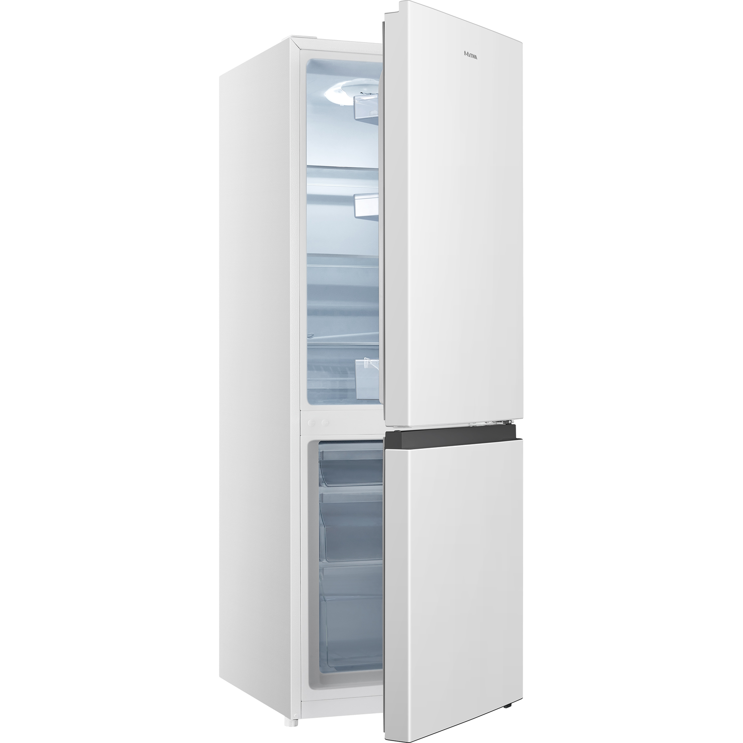 A white refrigerator with both doors opened, revealing the interior shelves.