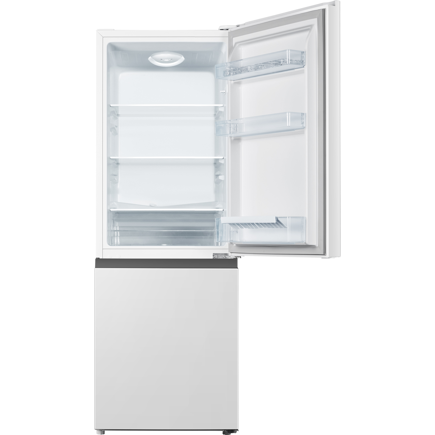 A white refrigerator with the door open, showing shelves and interior.