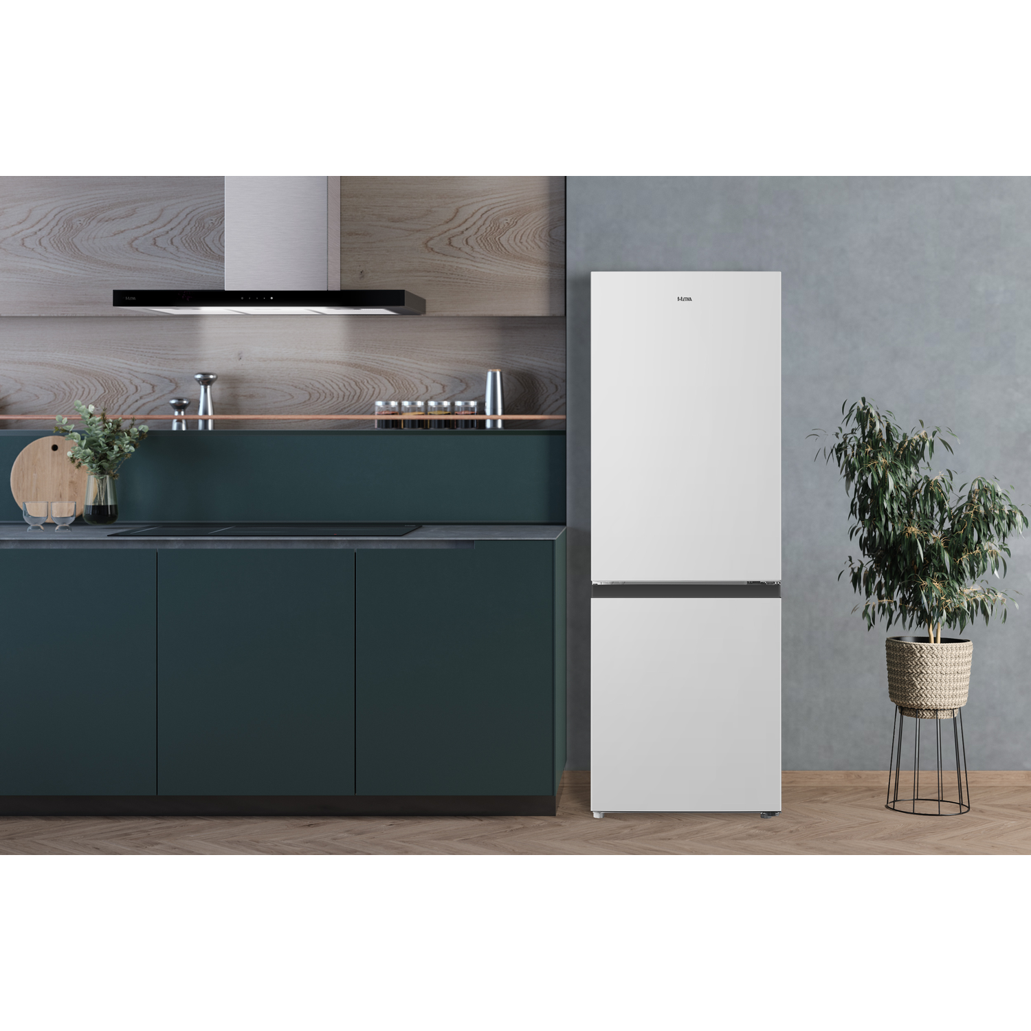 White refrigerator with a dark bottom section, in a modern kitchen setting.