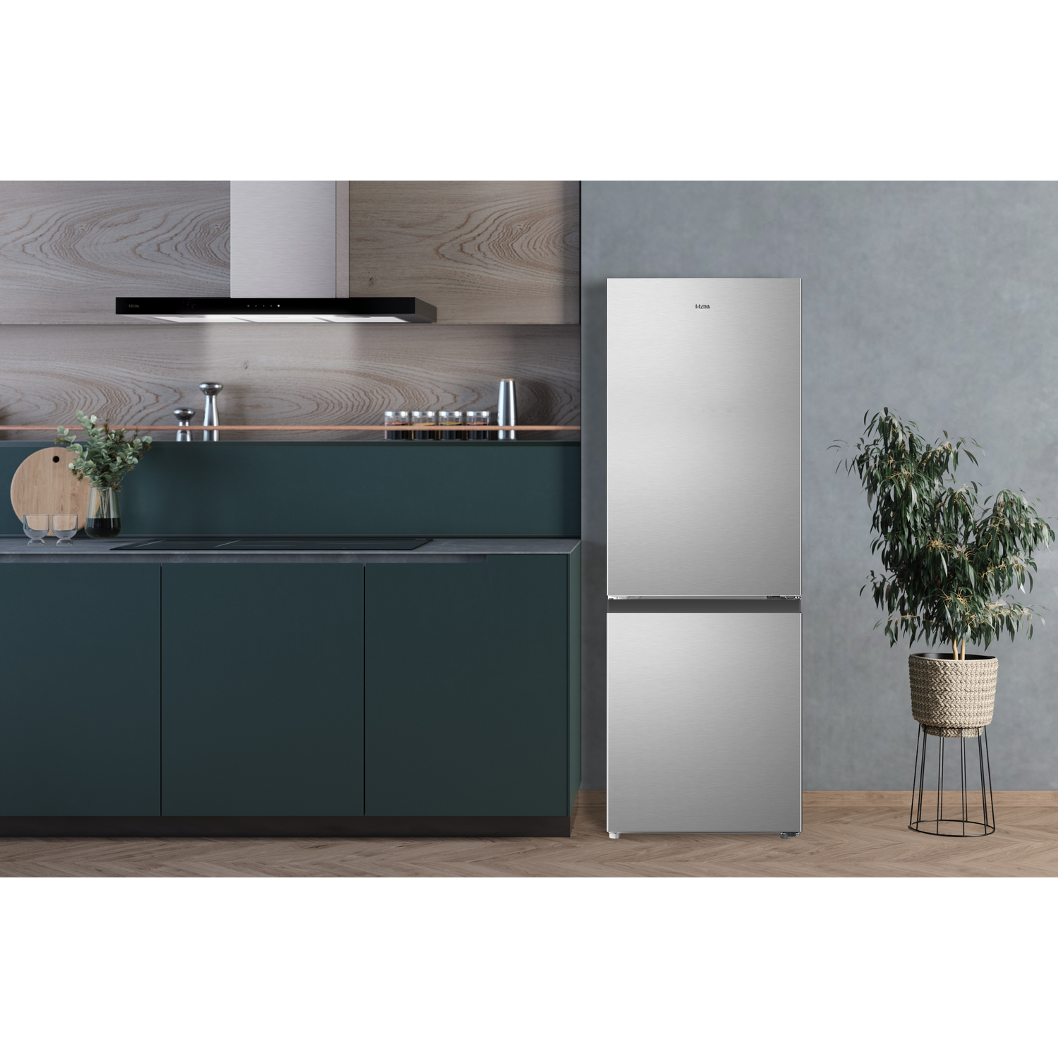 Een moderne keuken met een roestvrijstalen koelkast. Een plant en andere apparaten zijn zichtbaar.