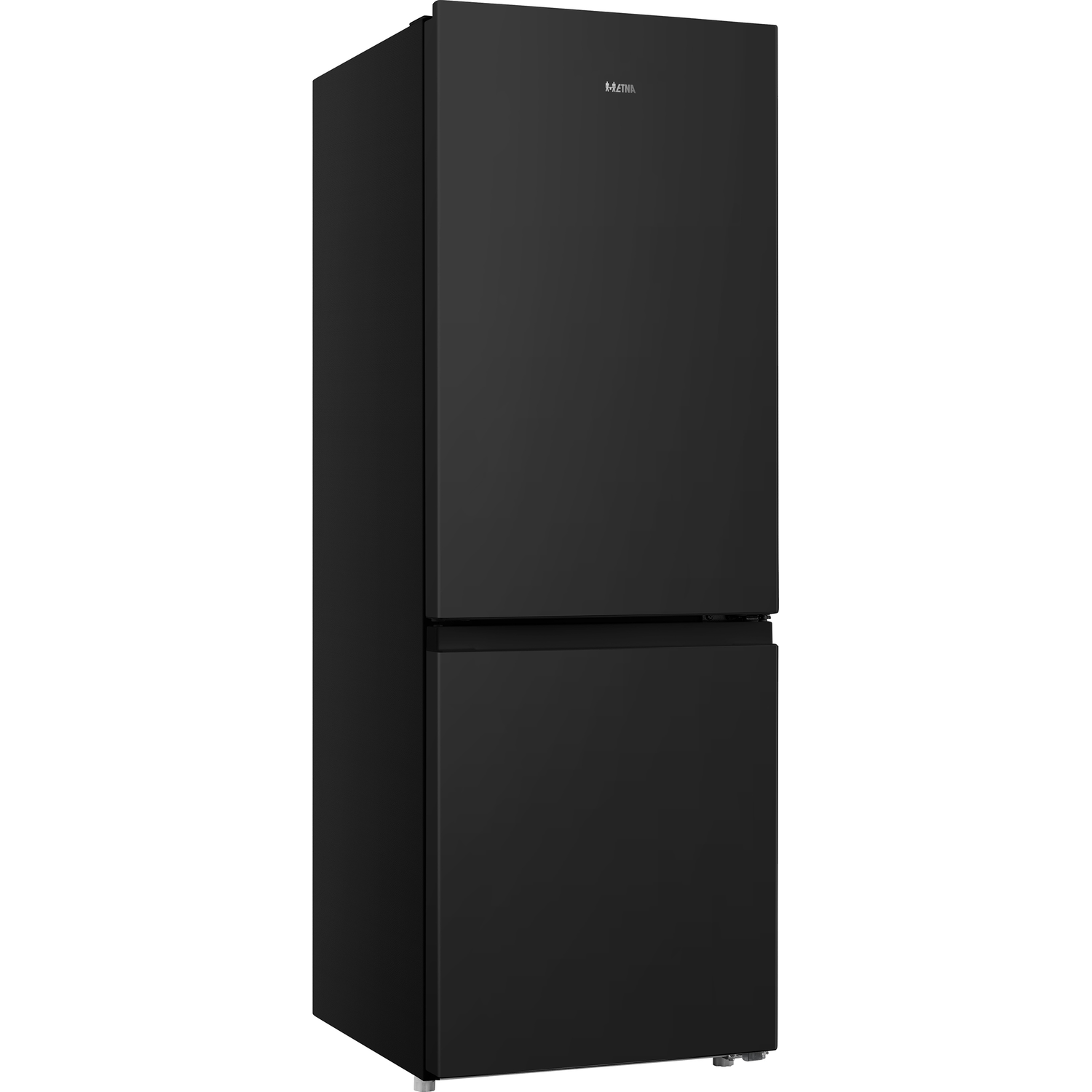 Black refrigerator, two-door model, with a freezer at the bottom and a handle.