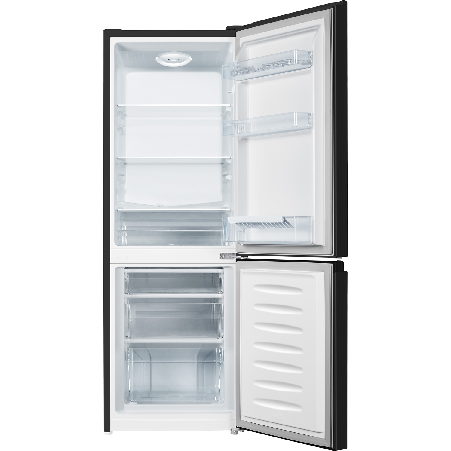 An open refrigerator with shelves and drawers. The interior is white, and the doors are black.