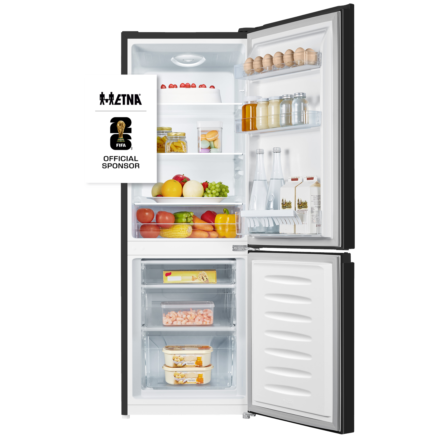 An open refrigerator stocked with food and a FIFA official sponsor logo.