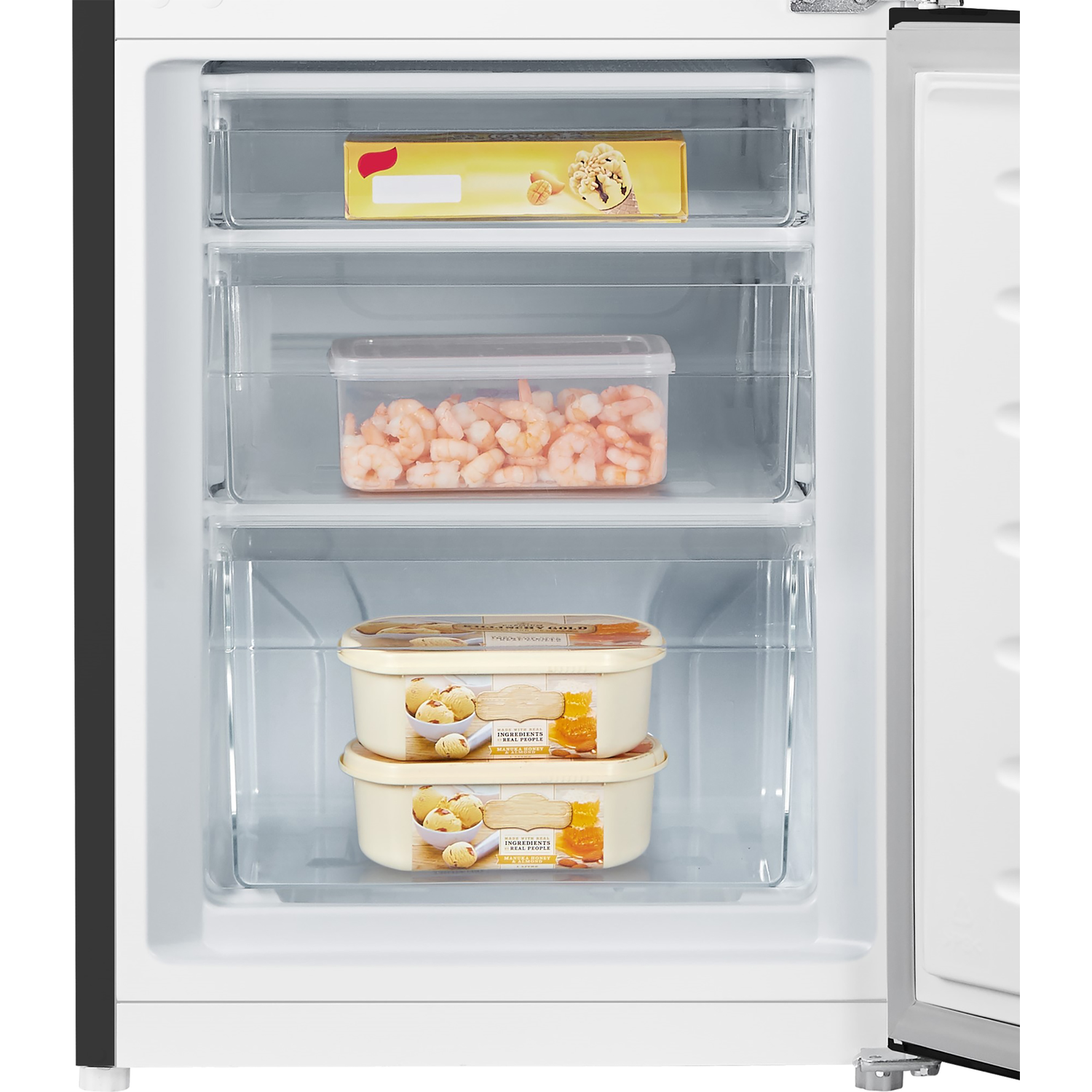 Freezer with three clear storage drawers.
