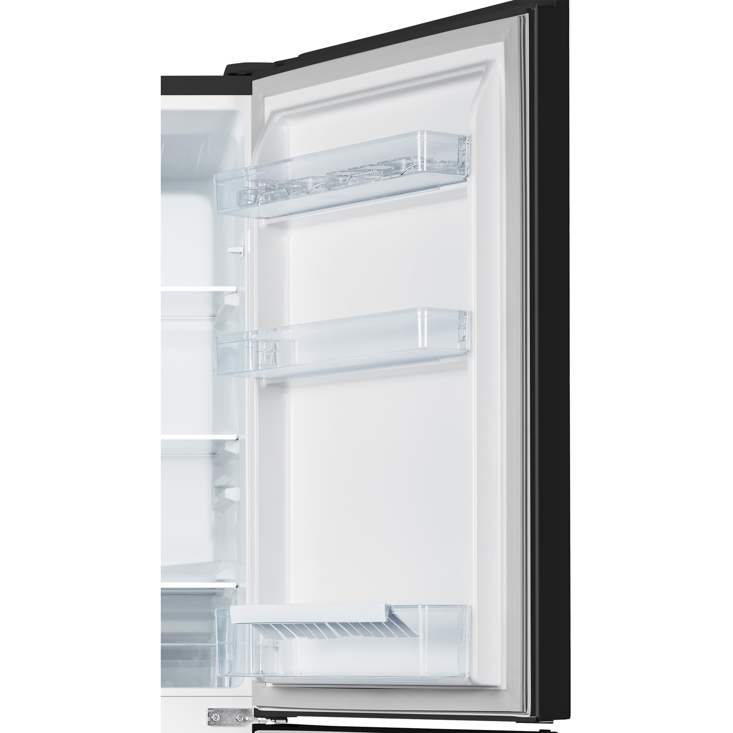 Open refrigerator door showing shelves and drawers.