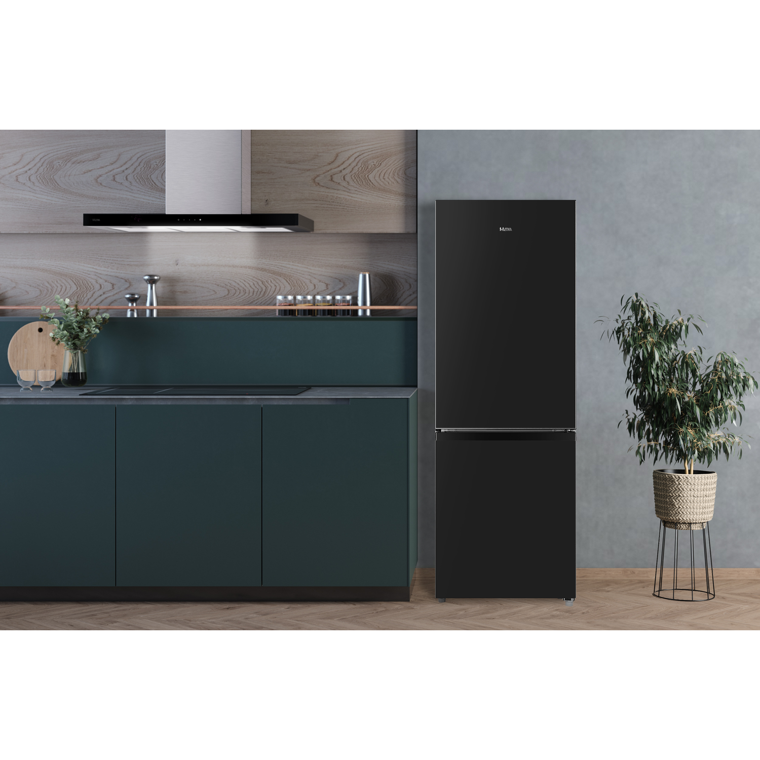 A black refrigerator in a modern kitchen setting, with a silver range hood above.