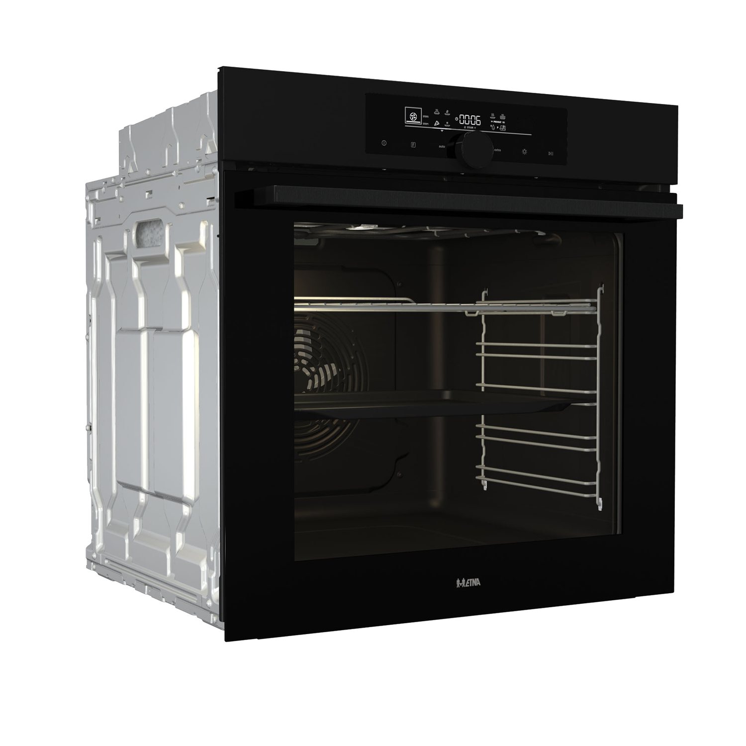 A black oven with an open interior, two racks, and a control panel. The oven is on a white background.