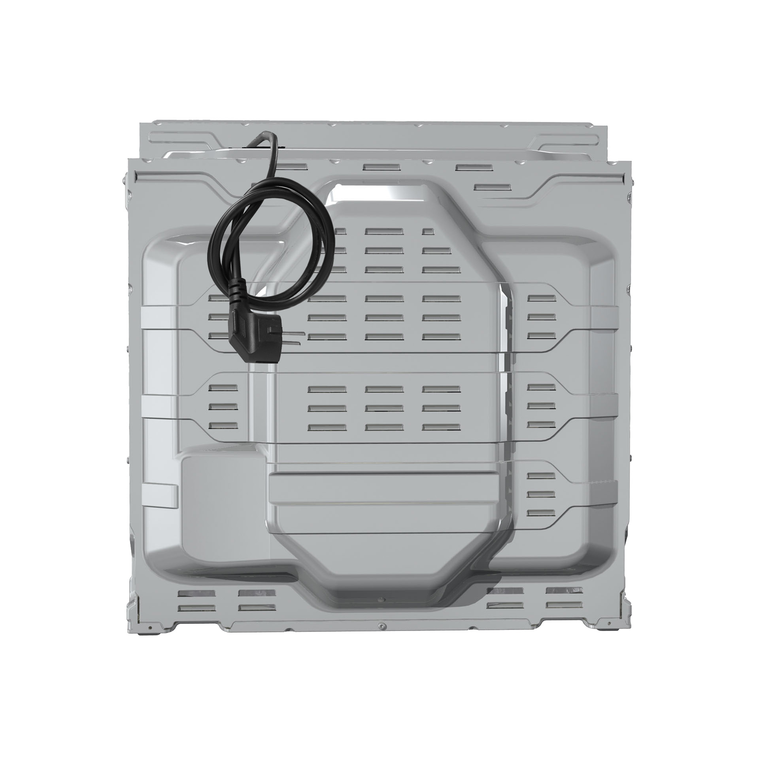 Backside of a silver oven. A black power cord with a plug is attached. The surface has several rectangular vents and panels.