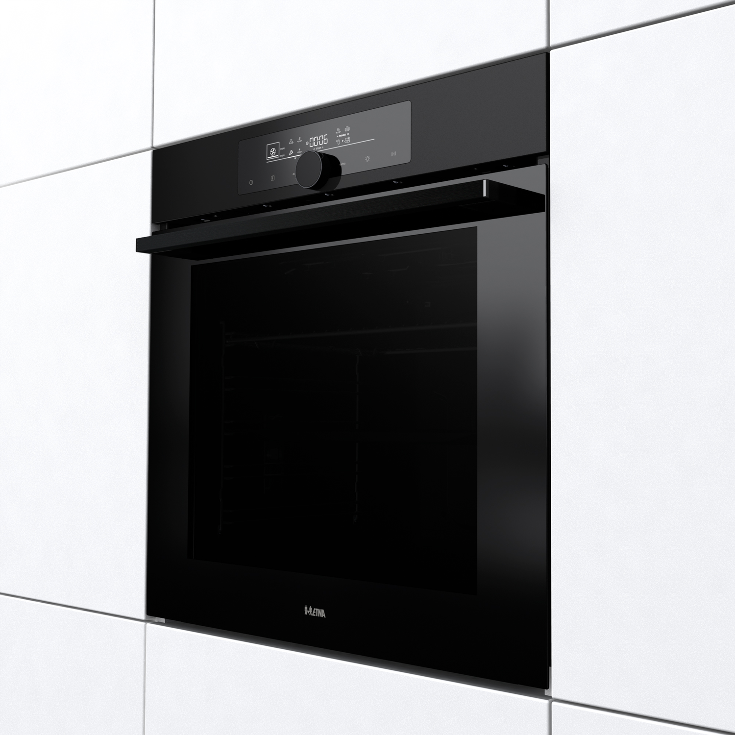A black built-in oven with a glass door is set in white cabinets. The oven has a digital display and a control knob.
