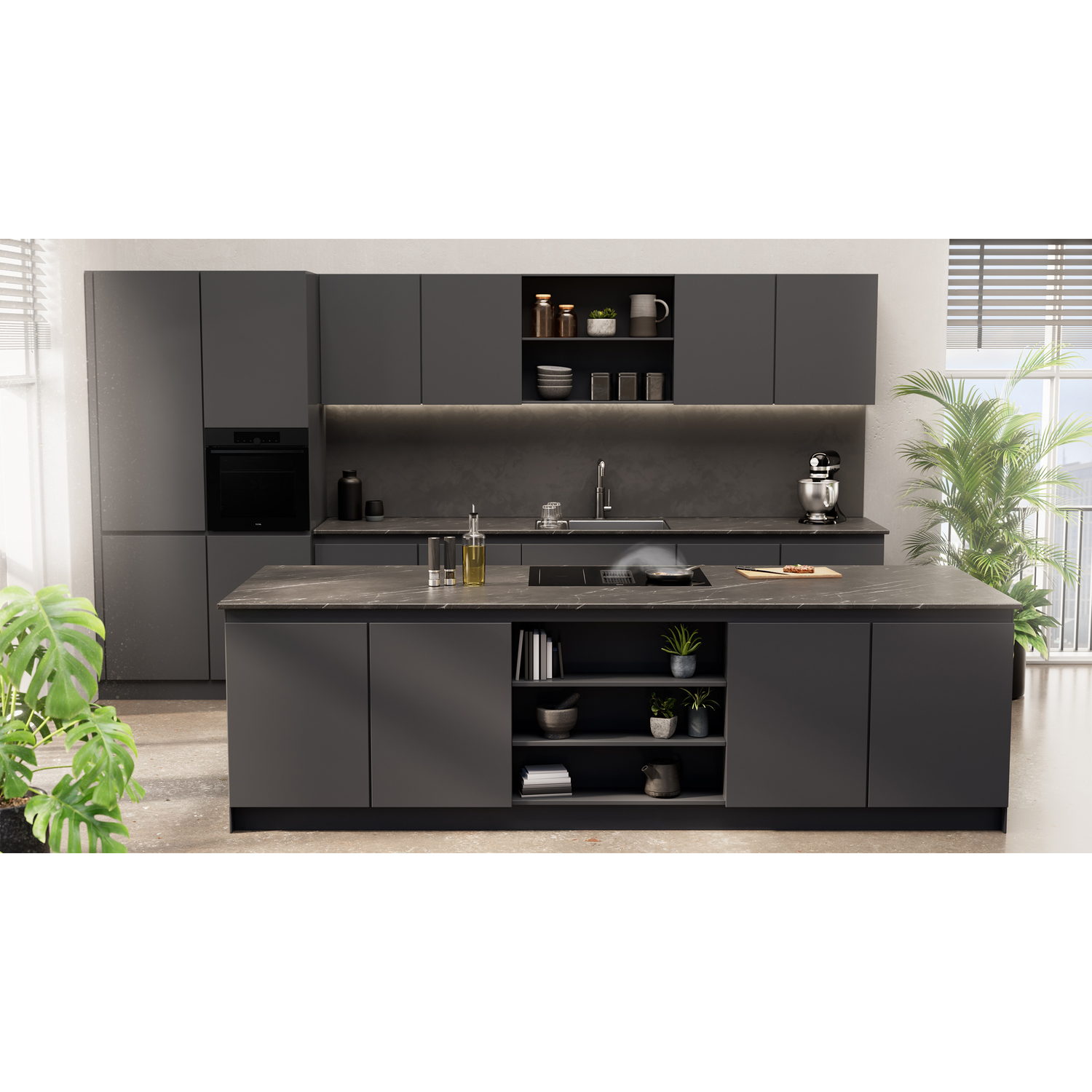 Modern kitchen with dark gray cabinets, island, and appliances. Plants and a window in the background. Clean and stylish.