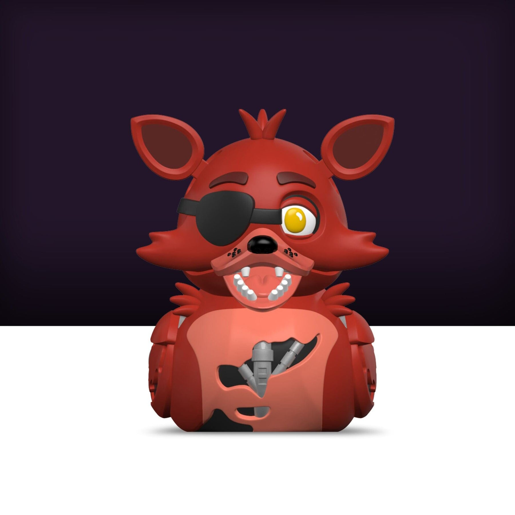 Egy Foxy játékfigura a Five Nights at Freddy's-ből, szemkötővel és piros színvilággal.