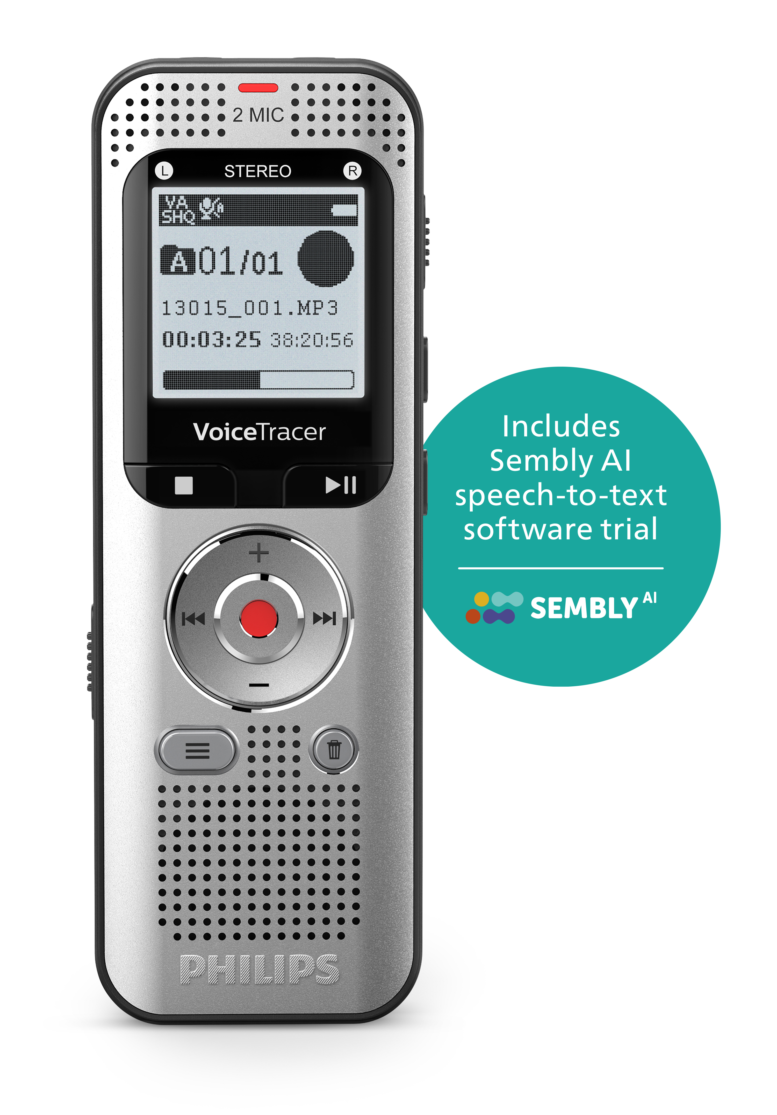 Enregistreur vocal Philips VoiceTracer argenté. Inclut l'essai du logiciel Sembl AI de reconnaissance vocale. Fond blanc.
