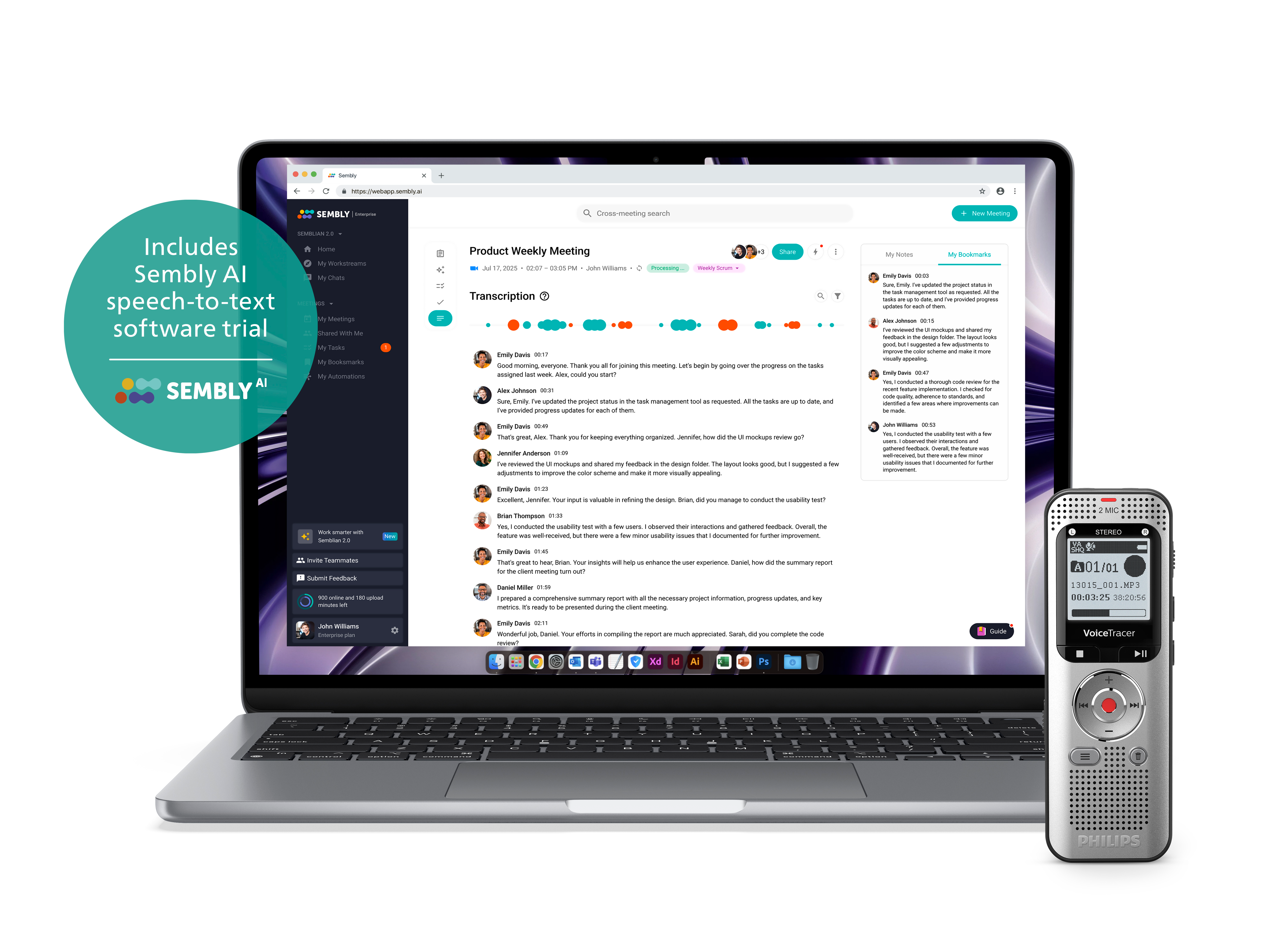 Ordinateur portable avec une interface de réunion et un enregistreur vocal.