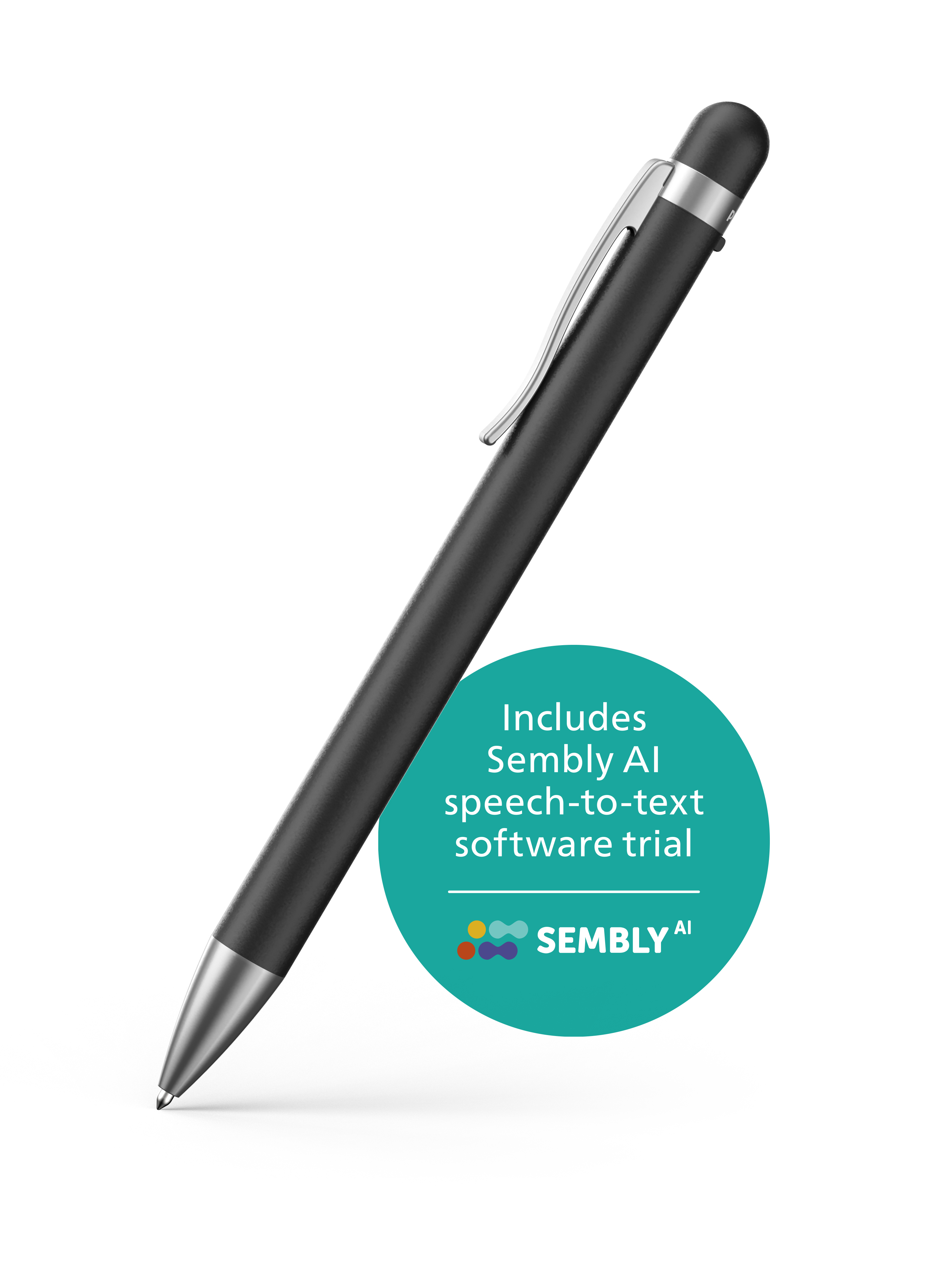 Stylo noir avec clip argenté. Inclut l'essai du logiciel Sembl AI de reconnaissance vocale. Fond blanc.