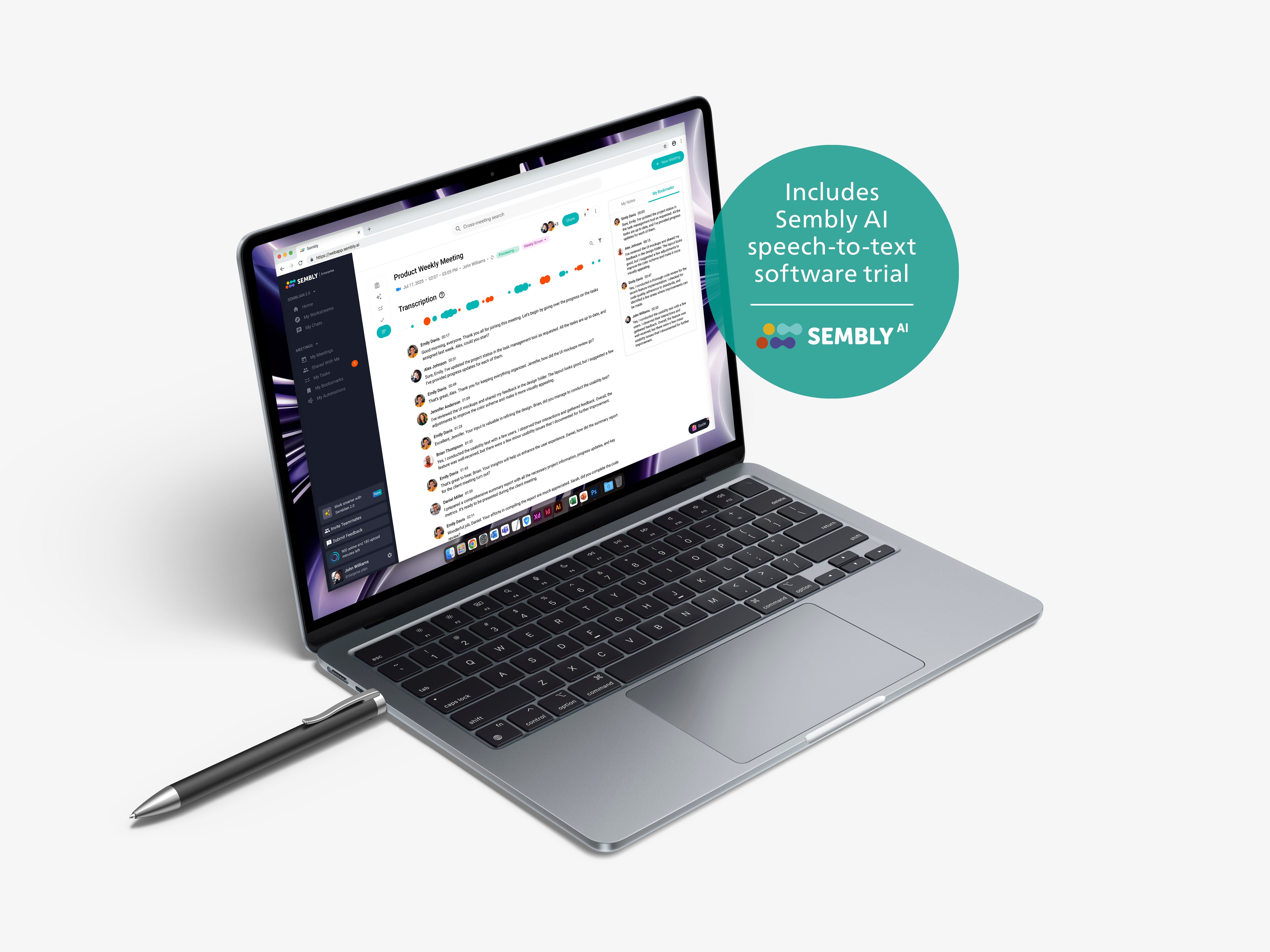Un ordinateur portable affichant une interface logicielle avec un stylo, sur une surface blanche.