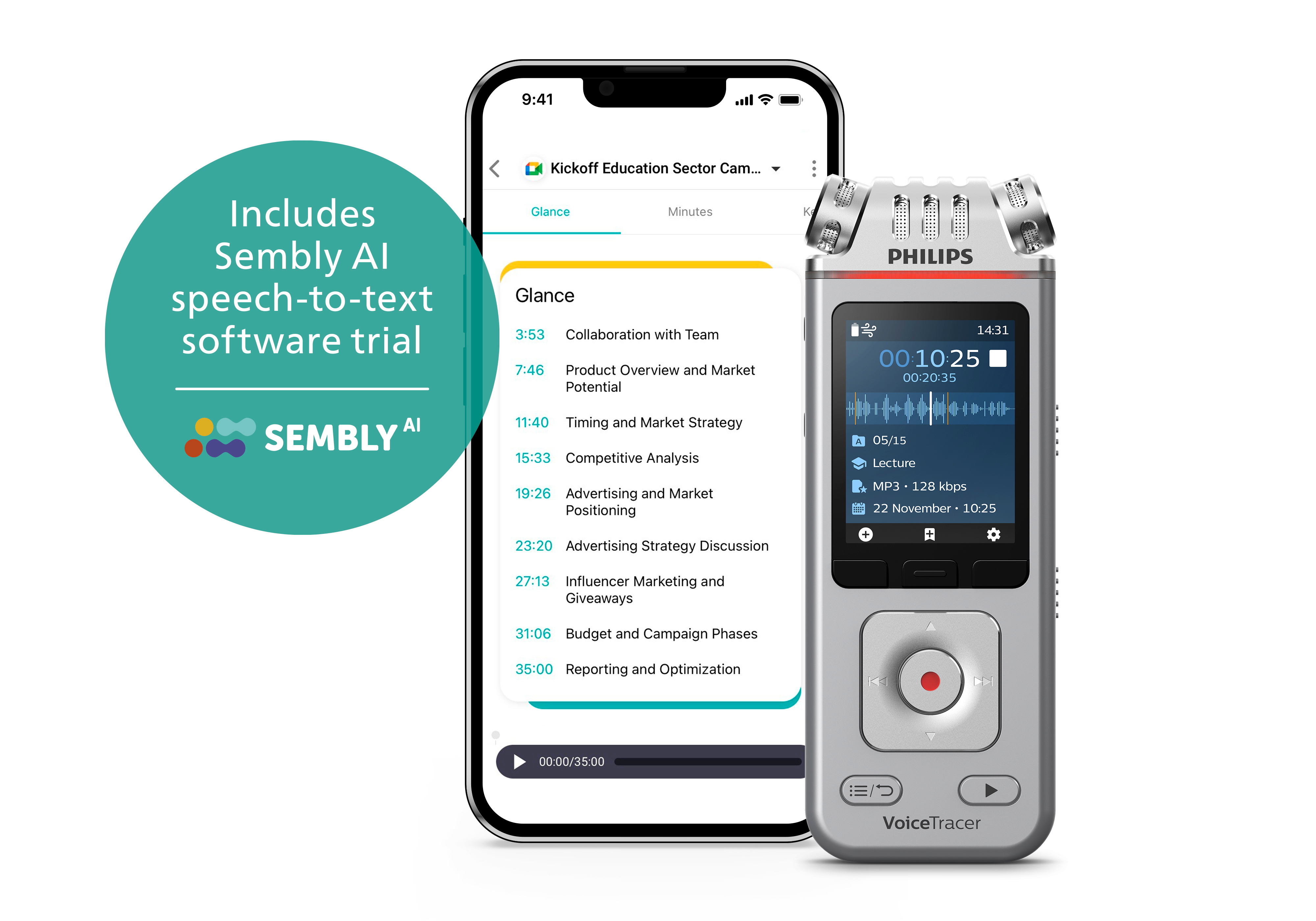 Ein Smartphone mit Speech-to-Text-App und ein Philips-Sprachrekorder. Text-Overlay.