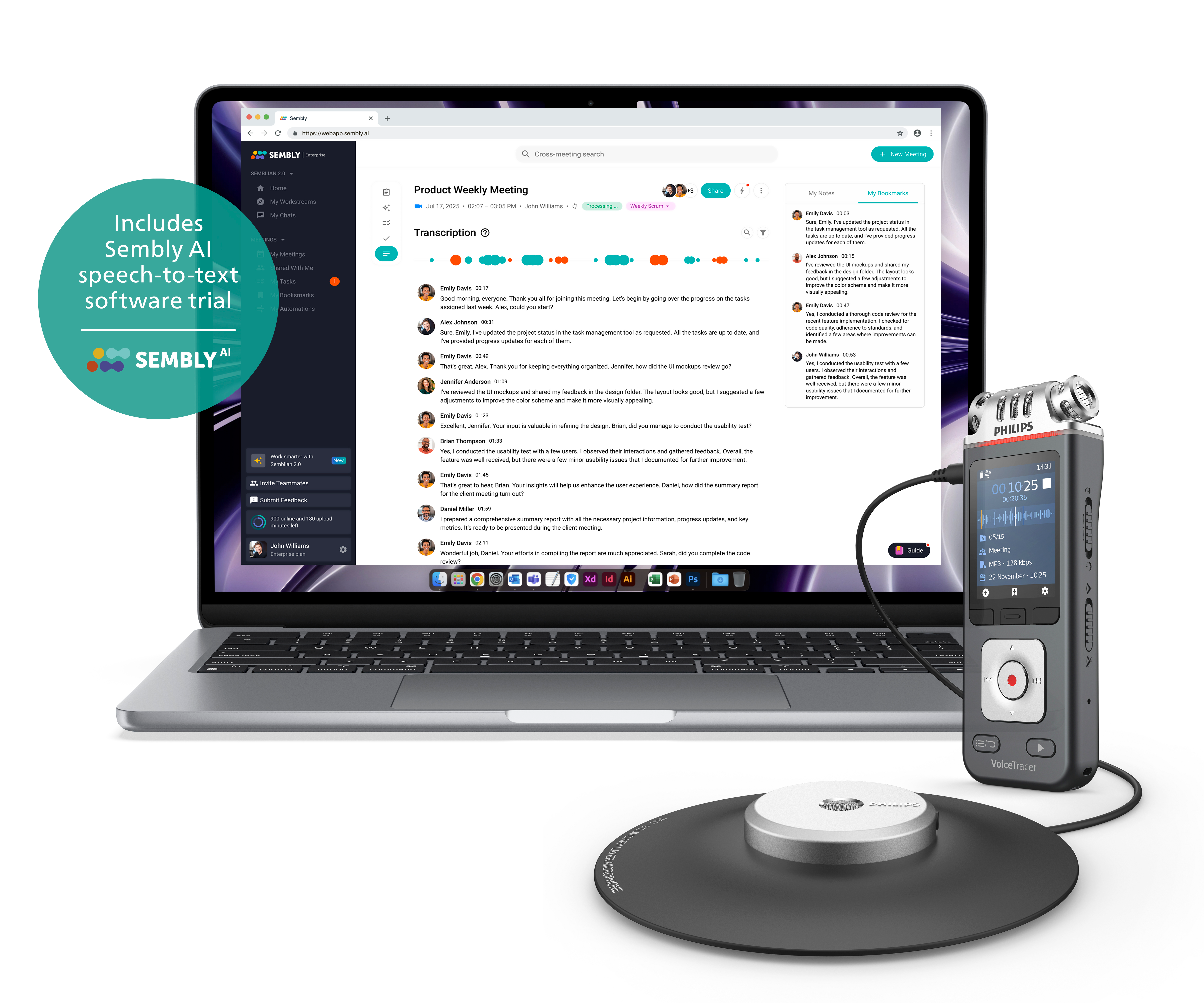 Laptop mit Bildschirm, der ein Meeting-Transkript und ein Diktiergerät zeigt.
