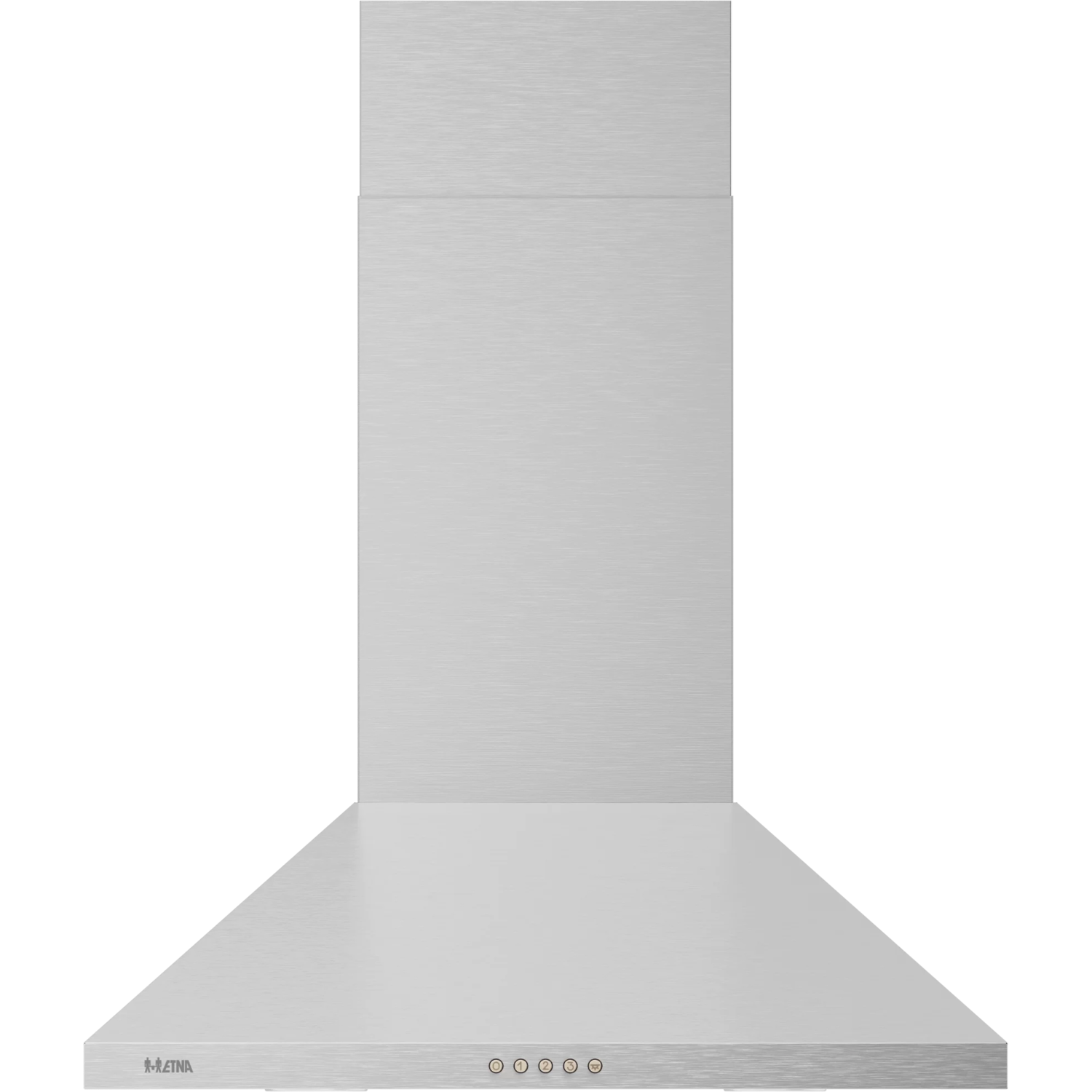 Stainless steel range hood, front view, with a rectangular design.