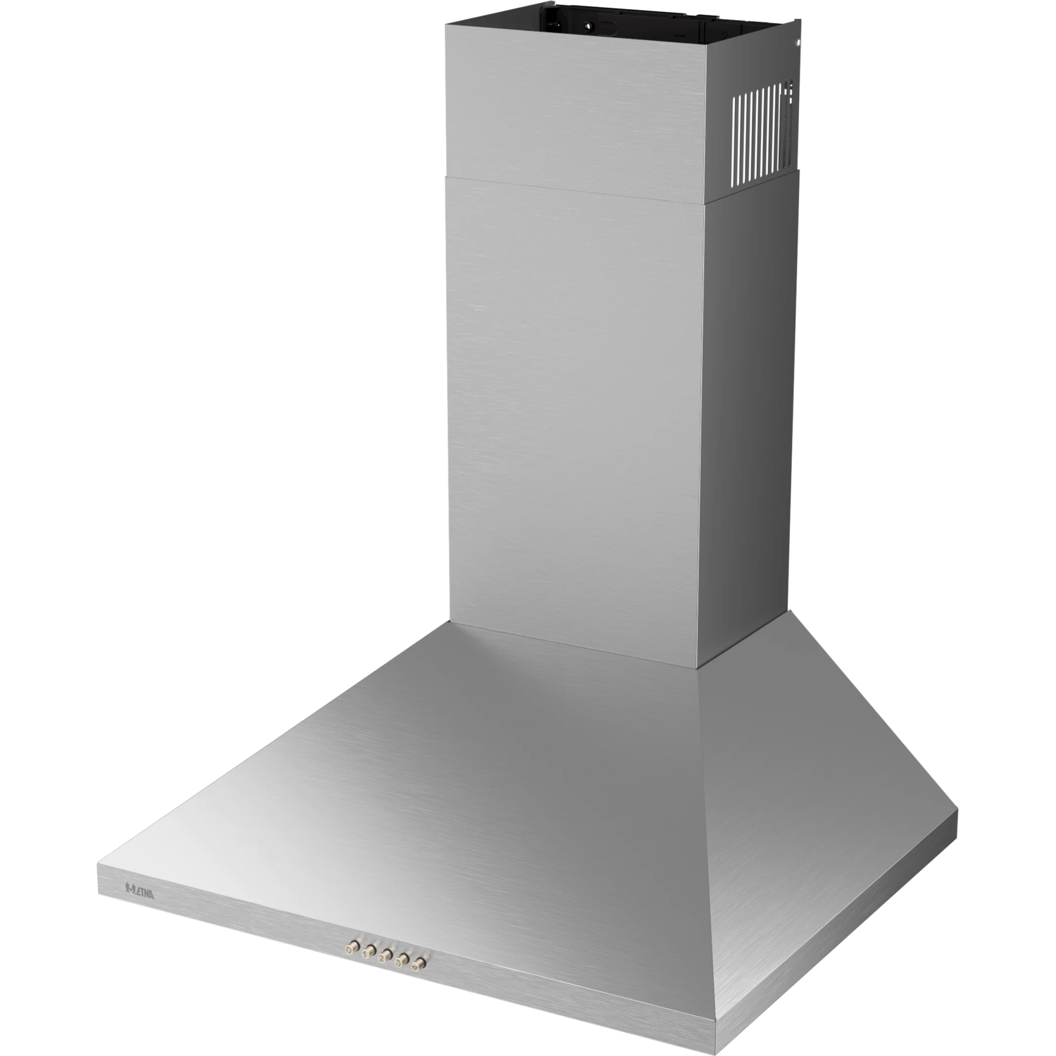 Silver range hood on a dark background.