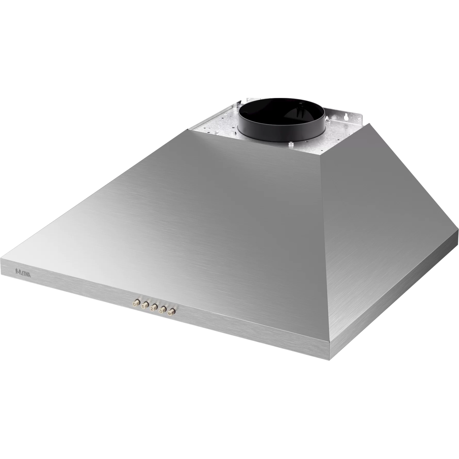 Stainless steel kitchen hood. It has a flat top, a black circular vent at the top.