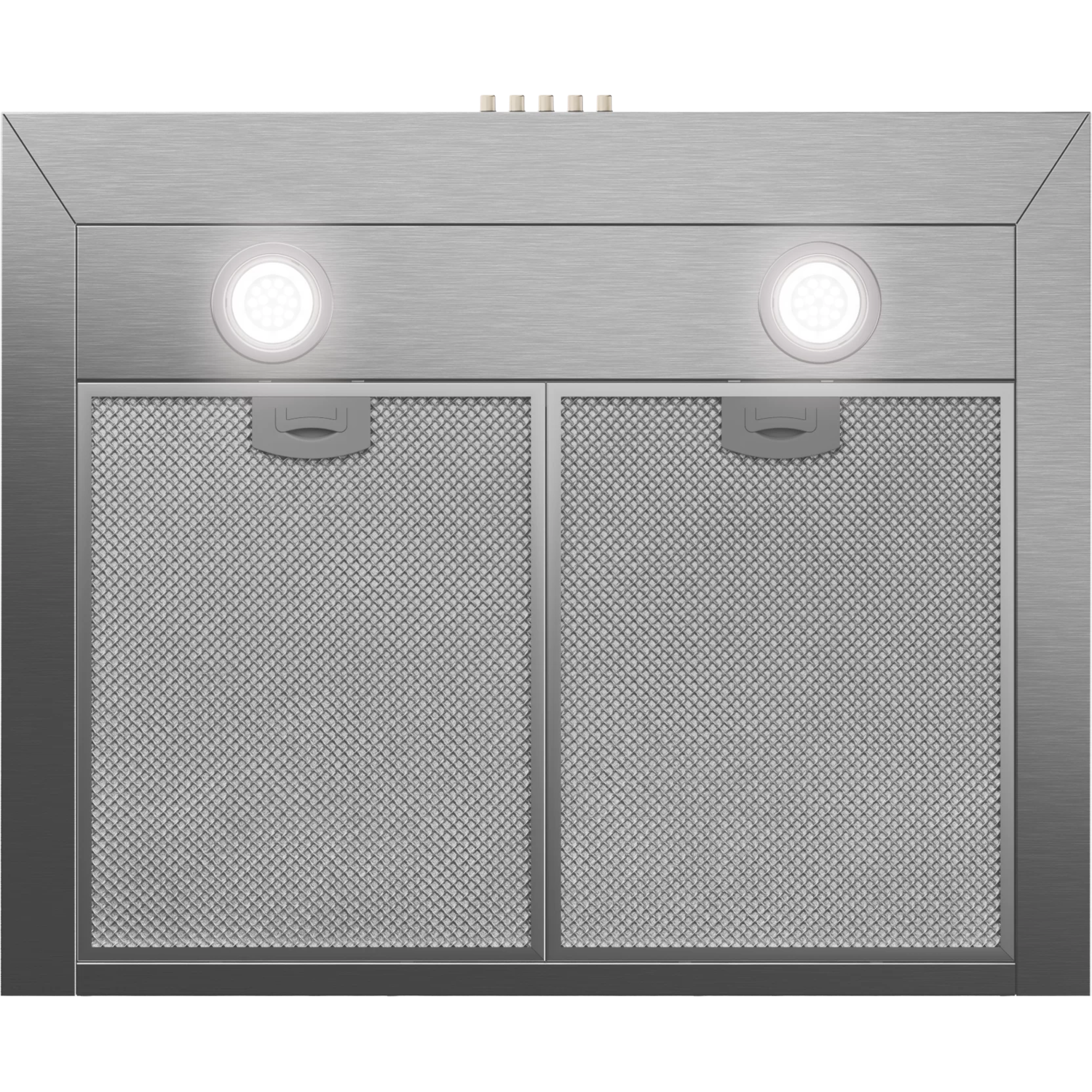 Kitchen hood with two lights and silver mesh filters.