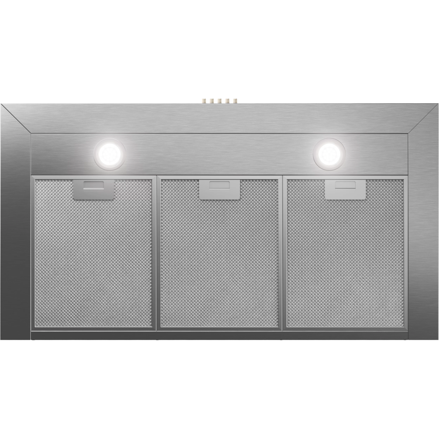 RVS afzuigkap met drie gaasfilters en twee lampen.