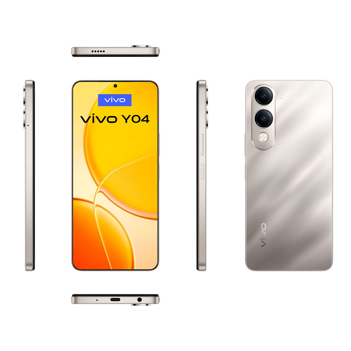 Ekranı ve yanları gösteren gümüş bir Vivo Y04 akıllı telefonun çeşitli görünümleri.