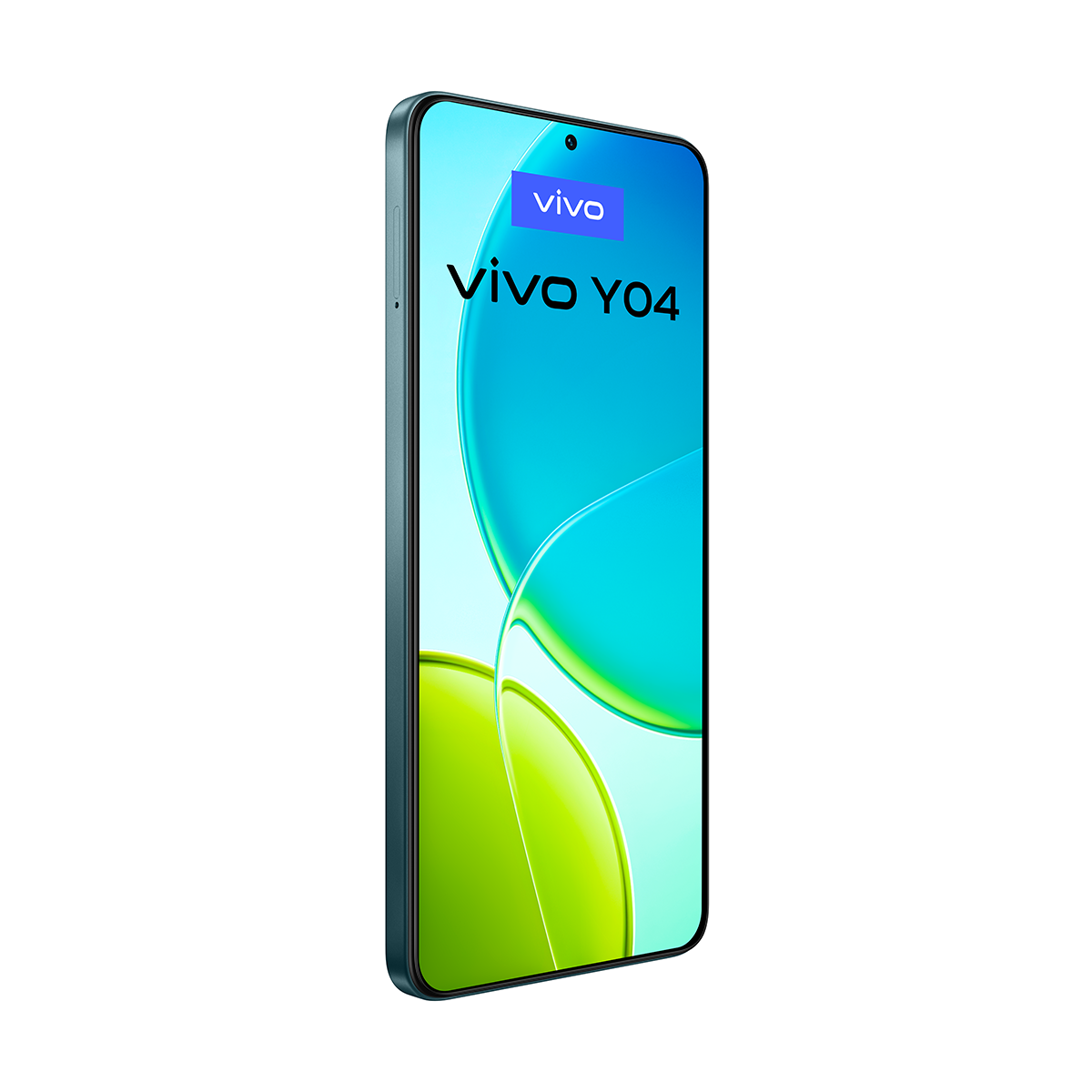 Renkli ekranlı, turkuaz renkli bir telefon, Vivo Y04 modeli.