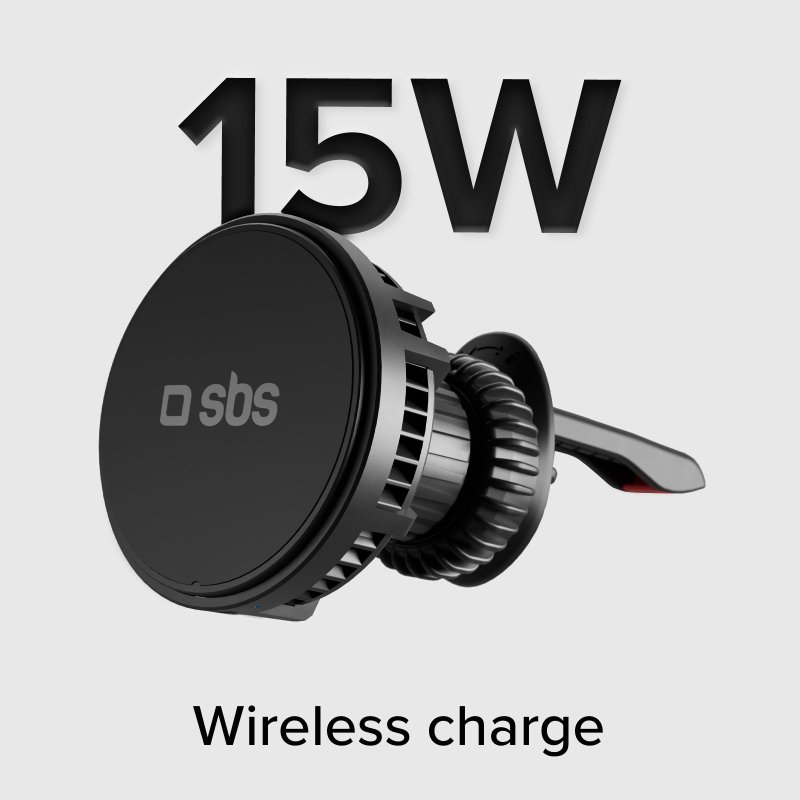 Schwarzes kabelloses Telefonladegerät mit 15W Text. Weißer Hintergrund.
