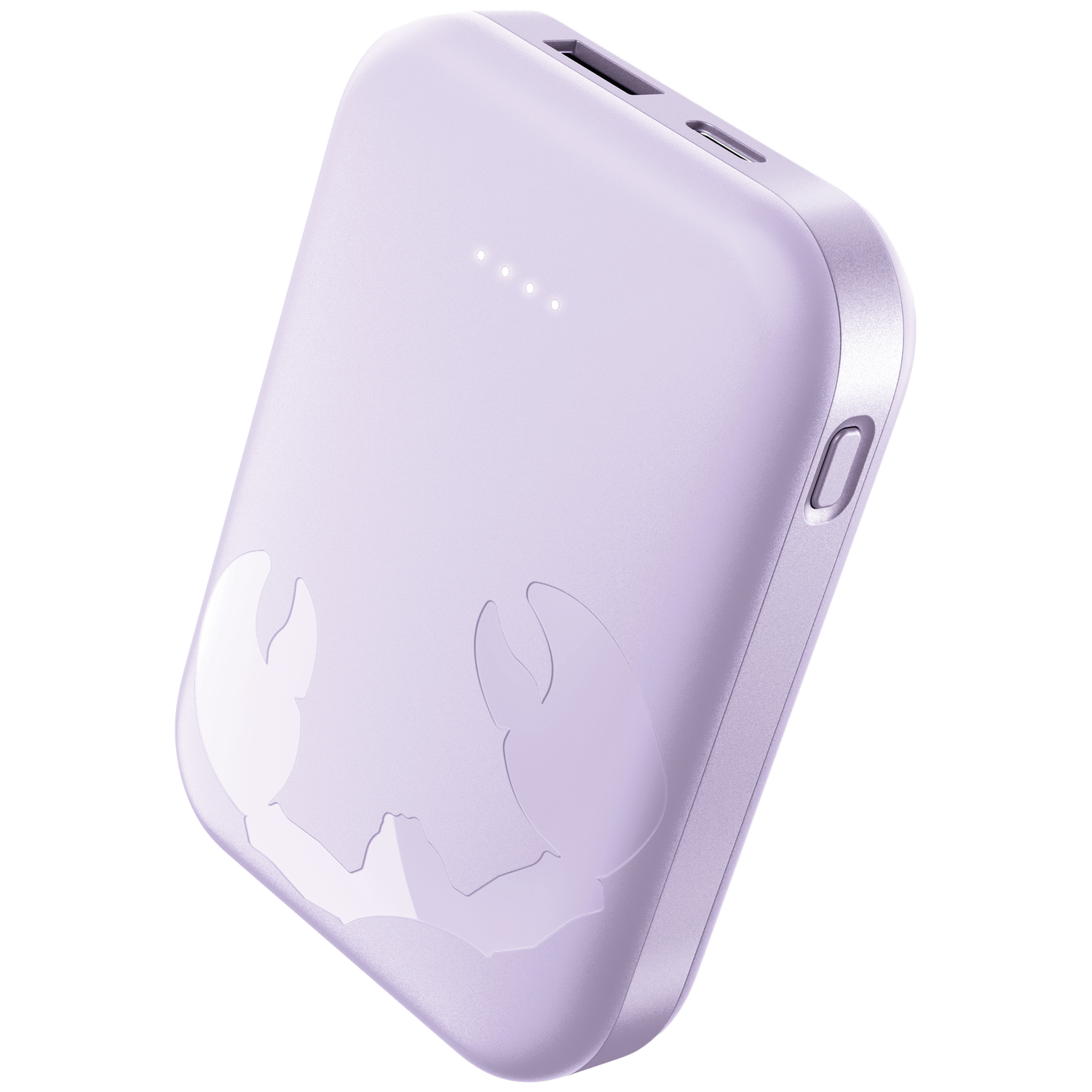 A lavender power bank with a crab design. It has a power button, charging ports, and indicator lights.