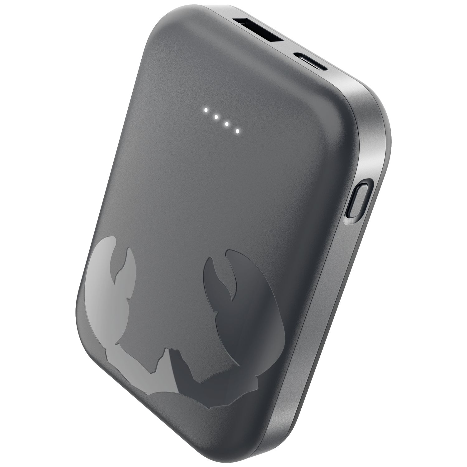 Een donkergrijze powerbank met een krabontwerp wordt weergegeven. Het heeft vier witte indicatielampjes en meerdere poorten.