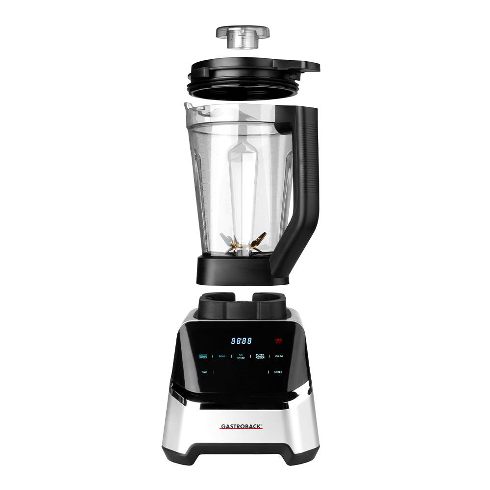 Mixer mit zerlegten Teilen, schwarz-silberner Basis, durchsichtigem Behälter und schwarzem Deckel.